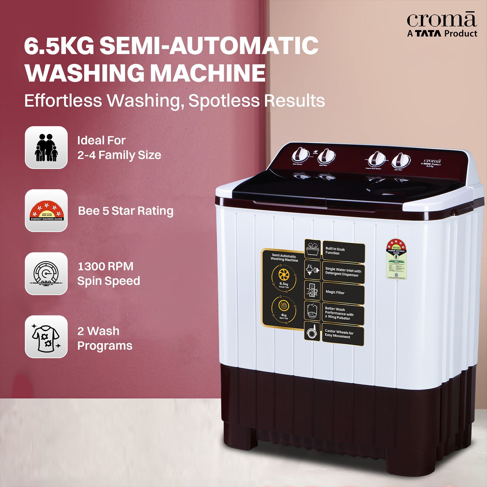 Croma 6.5 kg 5 Star Semi Automatic Washing Machine with Built-in Soak Function (2025 Model, Burgundy)_5