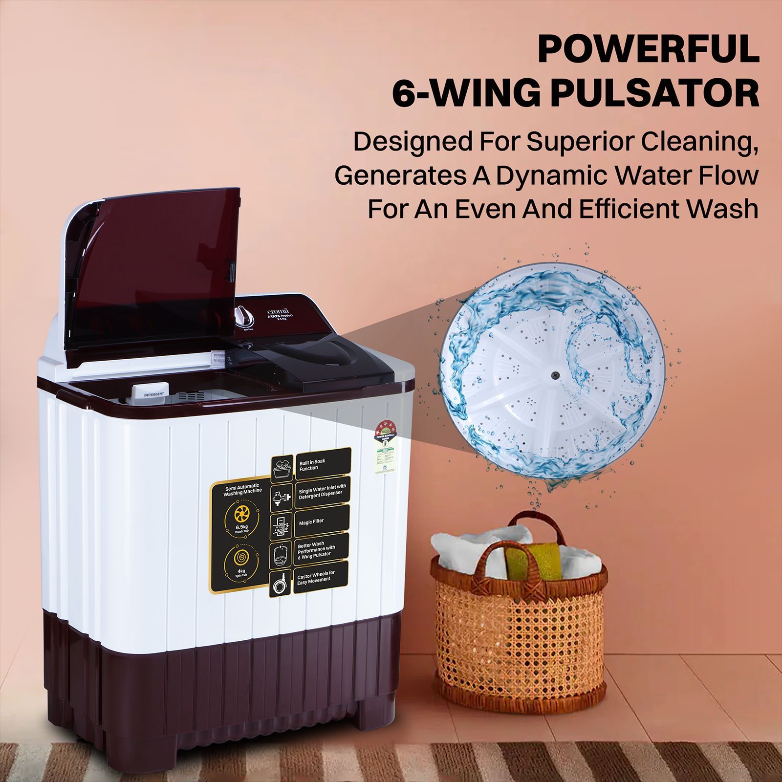 Croma 6.5 kg 5 Star Semi Automatic Washing Machine with Built-in Soak Function (2025 Model, Burgundy)_8