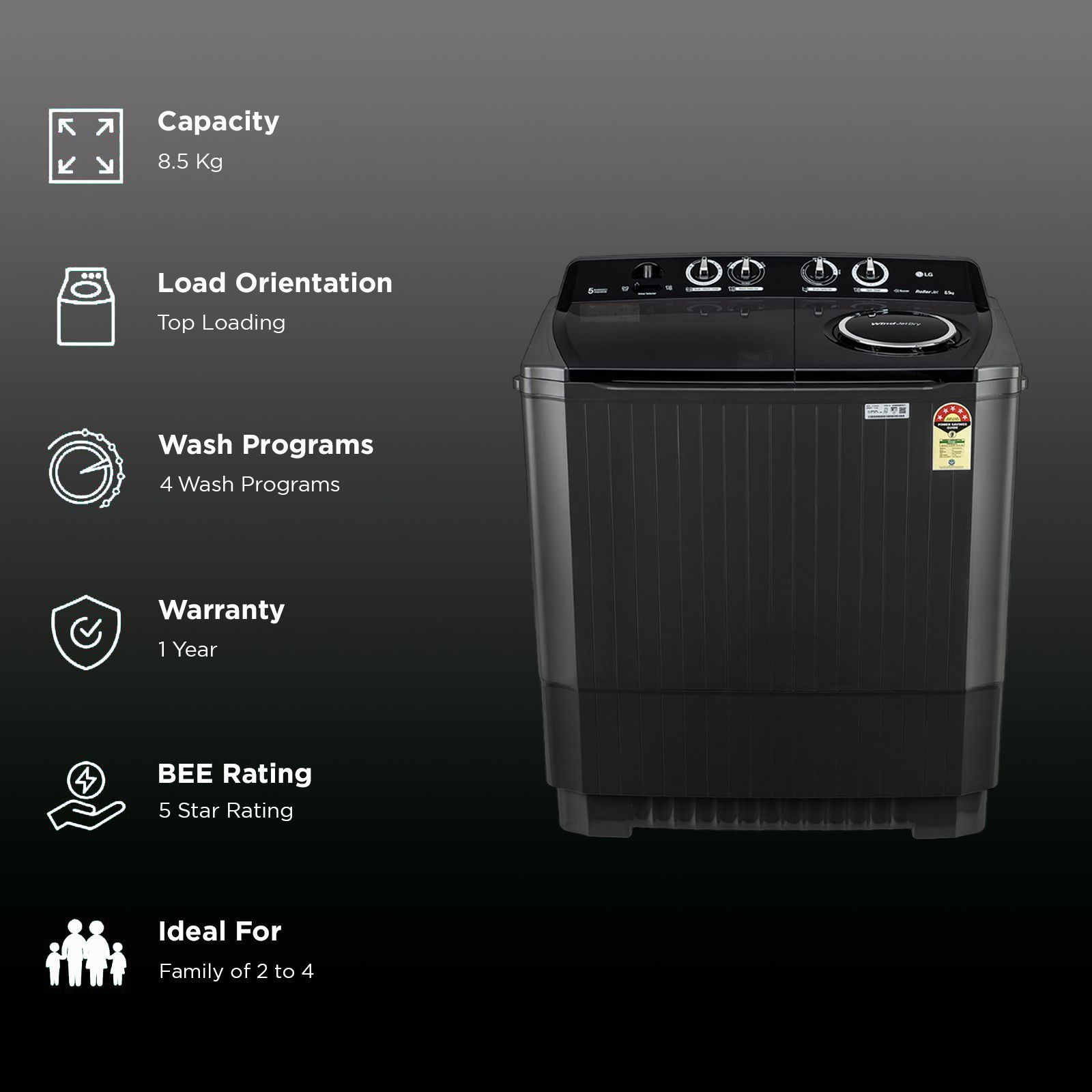 LG 8.5 kg 5 Star Semi Automatic Washing Machine with Roller Jet Pulsator (P8535SLMZ, Full Black)_2