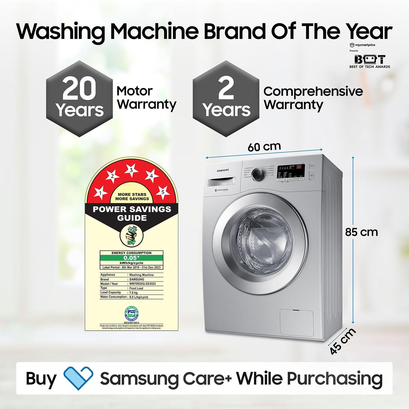 SAMSUNG 7 kg 5 Star Fully Automatic Front Load Washing Machine (WW70R20GLSS/TL, DIT Motor, Silver)_11