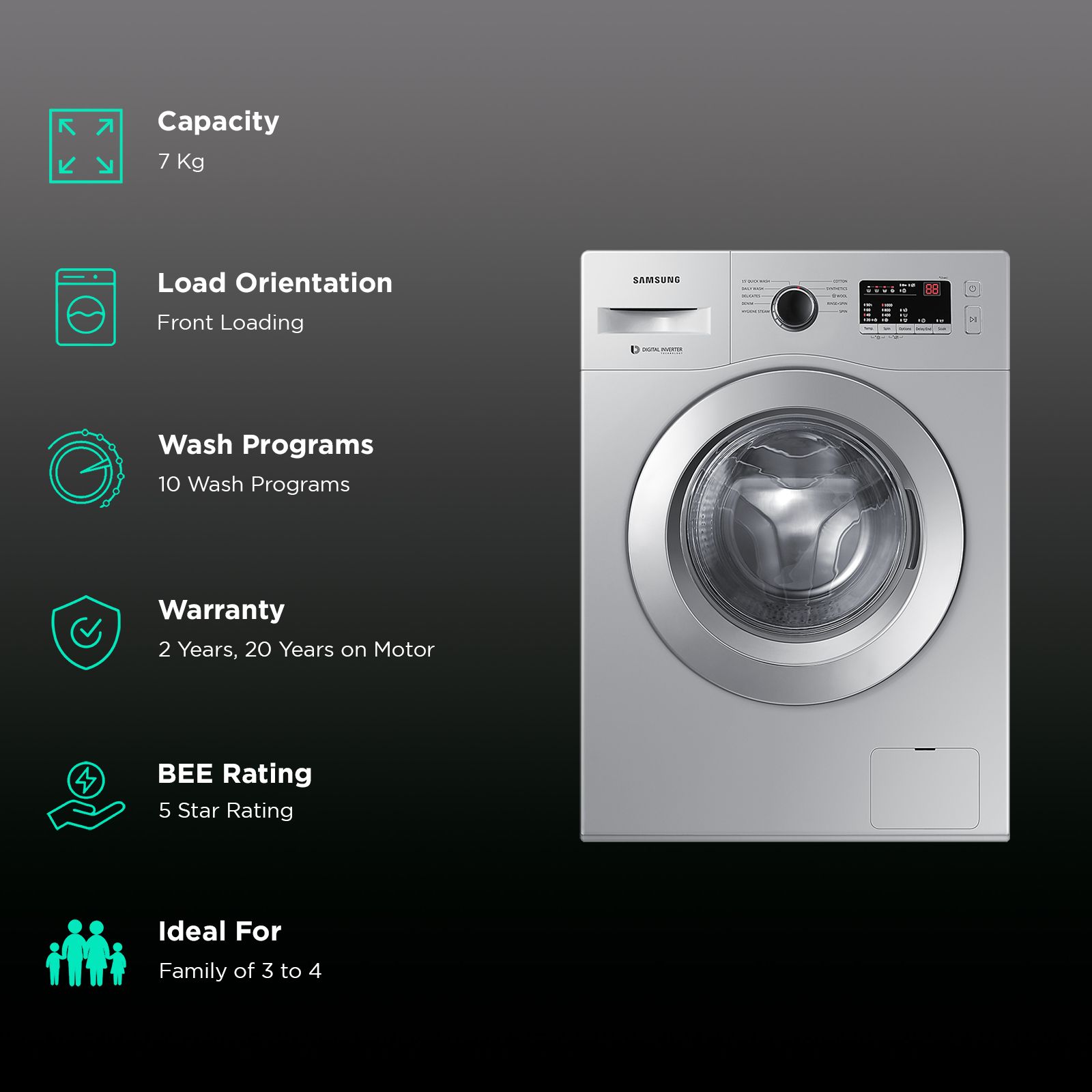 SAMSUNG 7 kg 5 Star Fully Automatic Front Load Washing Machine (WW70R20GLSS/TL, DIT Motor, Silver)_2