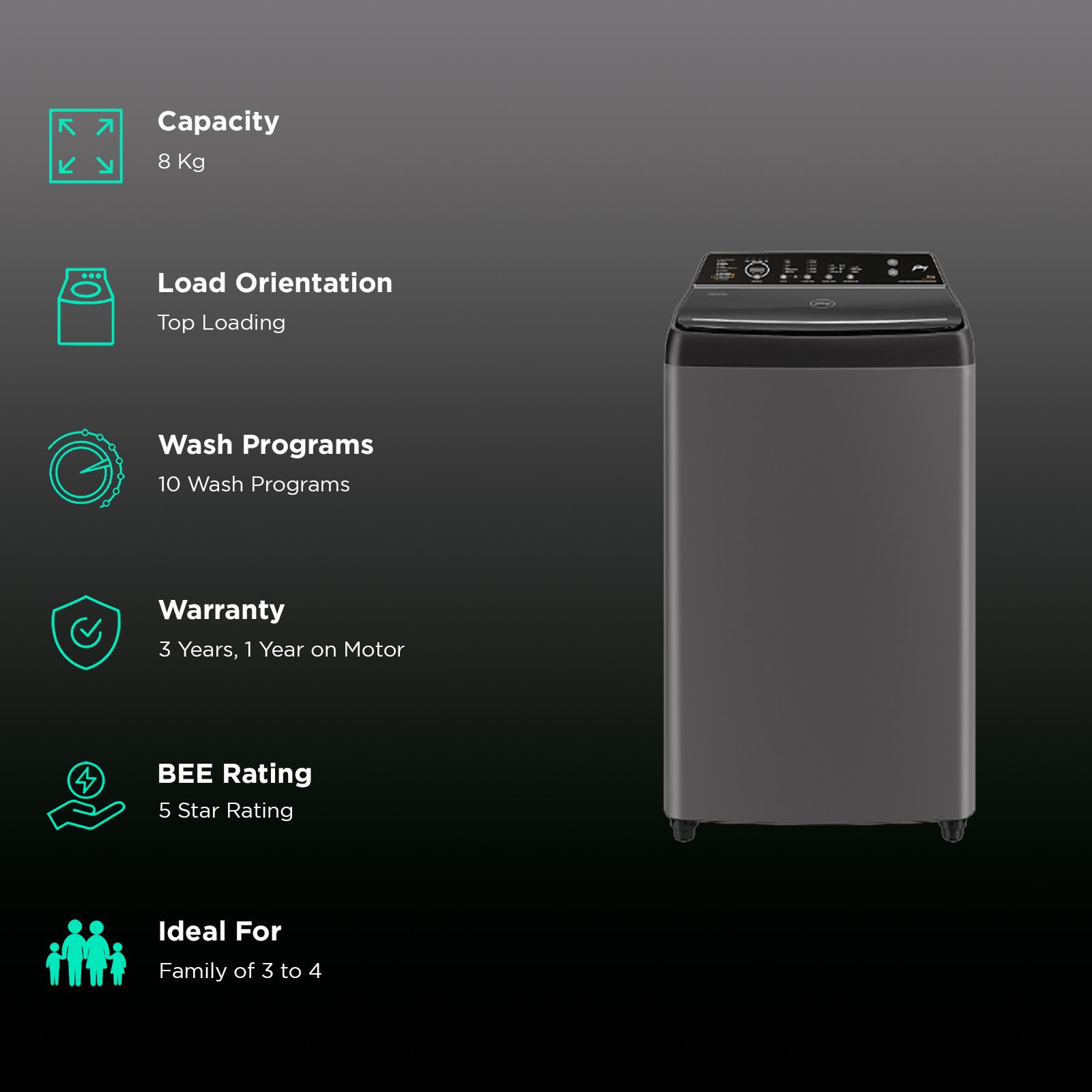 Godrej 8 kg 5 Star Fully Automatic Top Load Washing Machine (Velvet, WTEON VLVT 80 5.0 FDTS MTBK, Built In Heater, Metallic Black) Godrej 8 kg 5 Star Fully Automatic Top Load Washing Machine (Velvet, WTEON VLVT 80 5.0 FDTS MTBK, Built In Heater, Metallic Black)_2