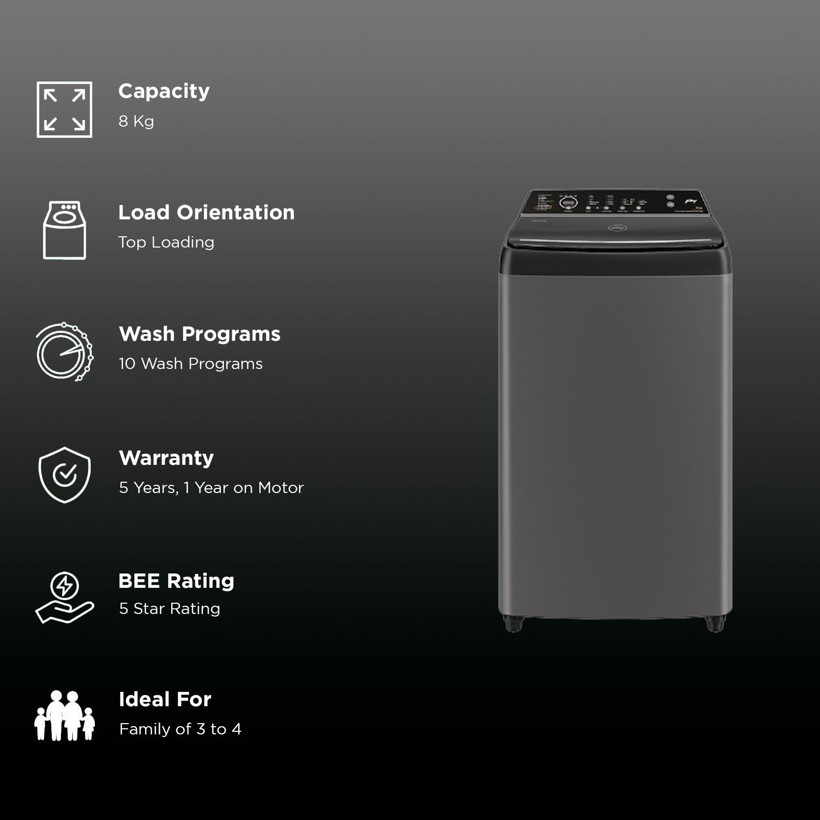 Godrej 8 kg 5 Star Fully Automatic Top Load Washing Machine (Velvet, WTEON VLVT 80 5.0 FDTS MTBK, Built In Heater, Metallic Black)_2