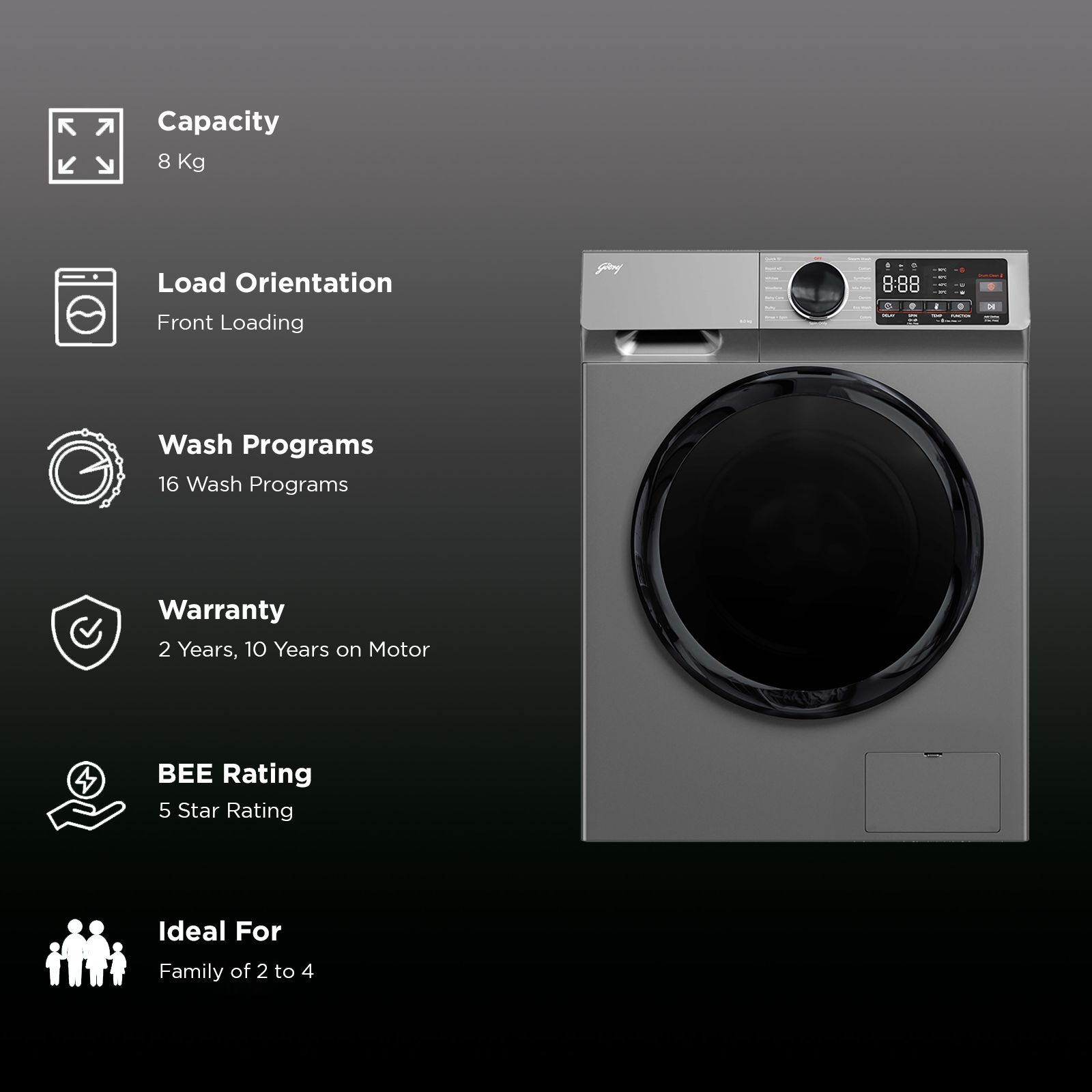 Godrej 8 kg 5 Star Fully Automatic Front Load Washing Machine (Eon Celesta, WFEON CEL 8014 IEBT SLSR, Built In Heater, Silver Stream)_2