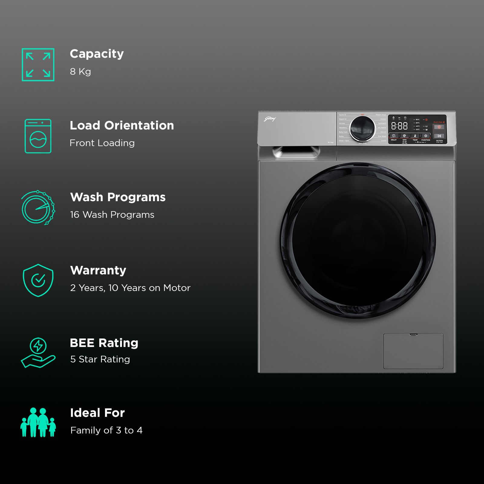 Godrej 8 kg 5 Star Fully Automatic Front Load Washing Machine (Eon Celesta, WFEON CEL 8014 IEBT SLSR, Built In Heater, Silver Stream)_2