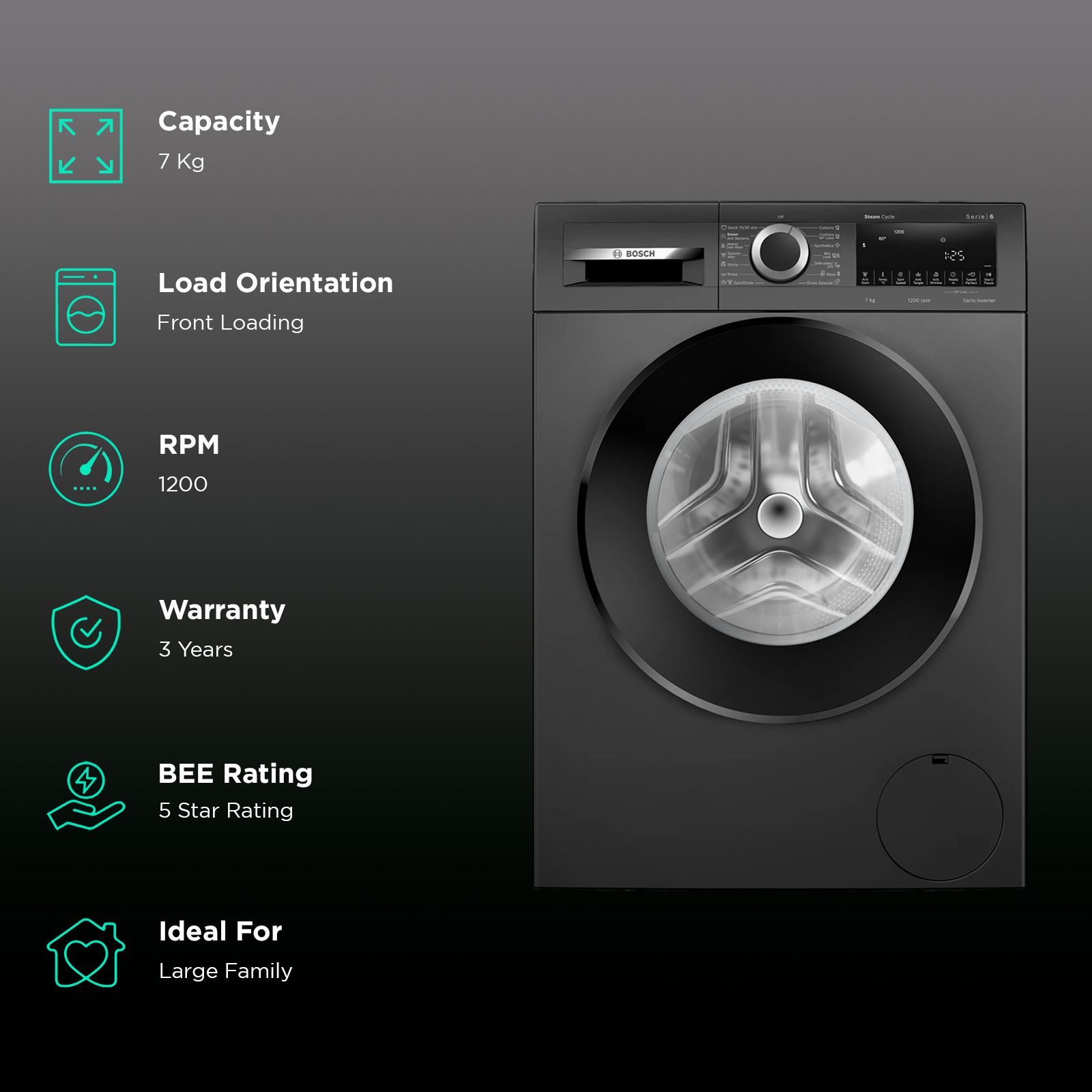BOSCH 7 kg 5 Star Fully Automatic Front Load Washing Machine (Series 4, WGA12208IN, Anti Stain Program, Black) BOSCH 7 kg 5 Star Fully Automatic Front Load Washing Machine (Series 4, WGA12208IN, Anti Stain Program, Black)_2