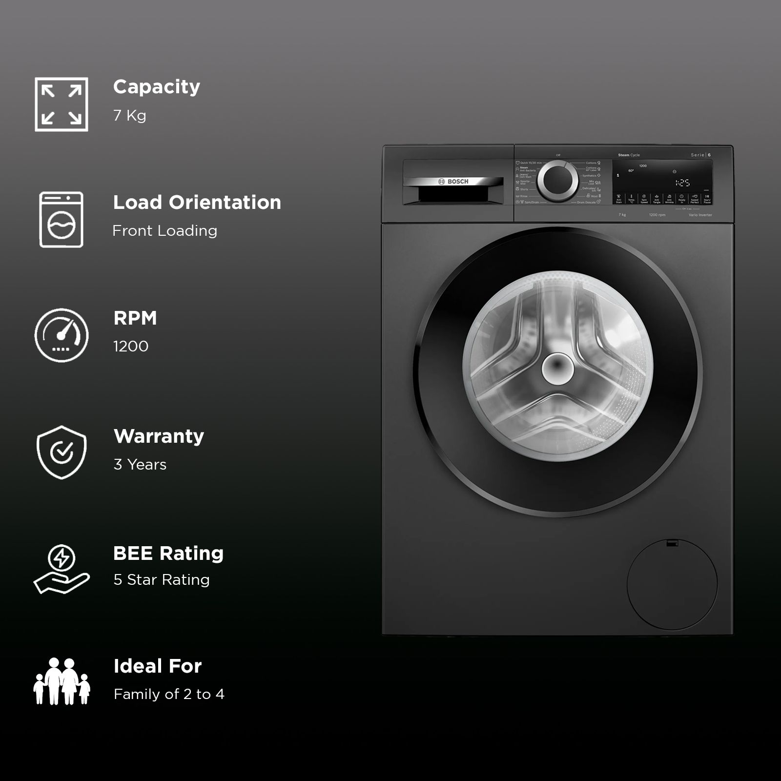 BOSCH 7 kg 5 Star Fully Automatic Front Load Washing Machine (Series 4, WGA12208IN, Anti Stain Program, Black) BOSCH 7 kg 5 Star Fully Automatic Front Load Washing Machine (Series 4, WGA12208IN, Anti Stain Program, Black)_2