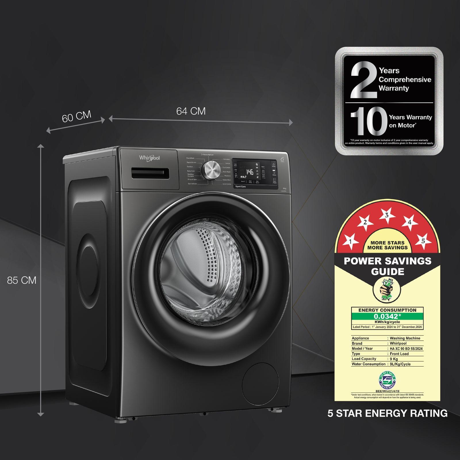 Whirlpool 9 kg 5 Star Inverter Fully Automatic Front Load Washing Machine (XPERT CARE OZONE, XO9012BYV53E, In-built Heater, Volcano Grey)_8