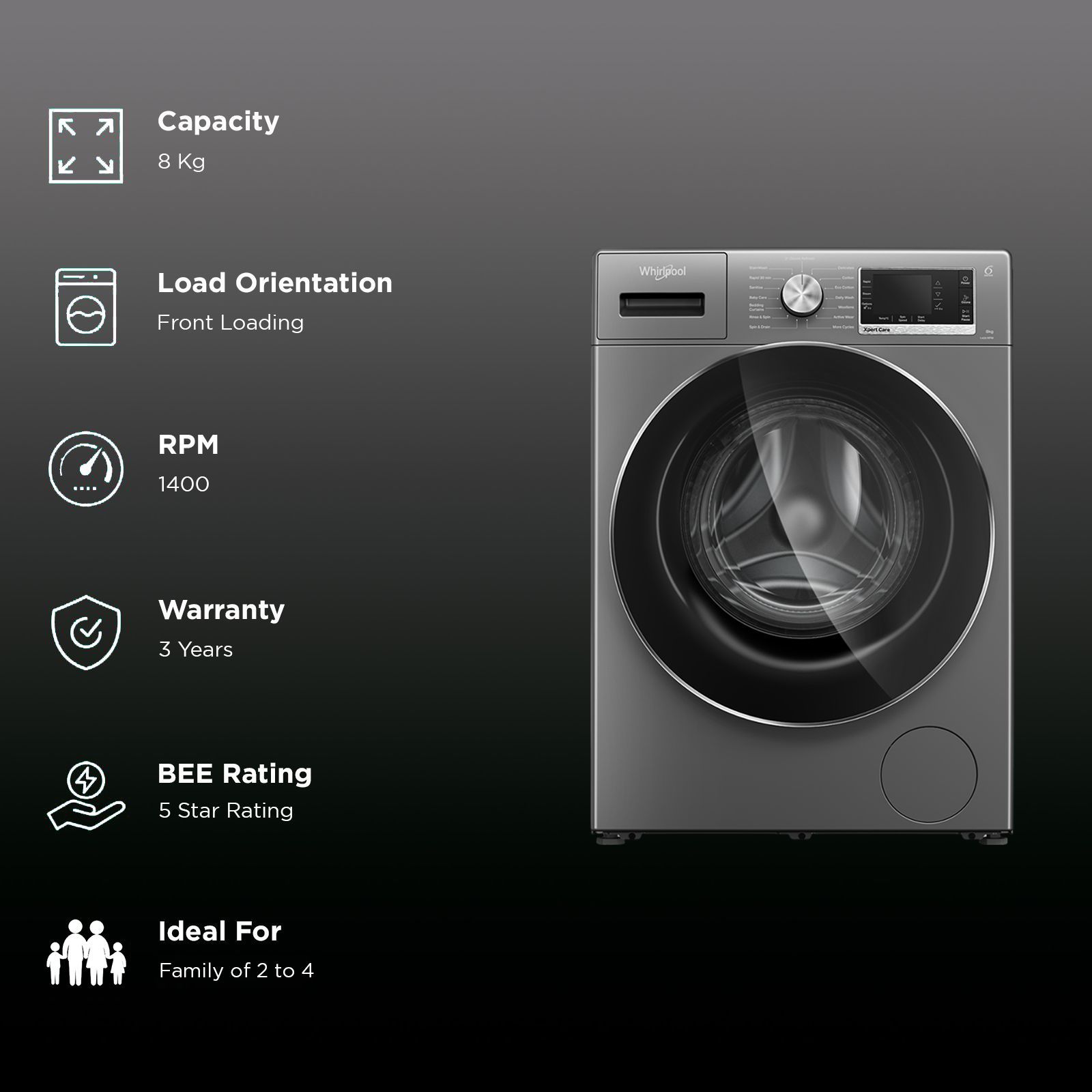 Whirlpool 8 kg 5 Star Inverter Fully Automatic Front Load Washing Machine (XPERT CARE OZONE, XO8014BYM53E, In-built Heater, Midnight Grey) Whirlpool 8 kg 5 Star Inverter Fully Automatic Front Load Washing Machine (XPERT CARE OZONE, XO8014BYM53E, In-built Heater, Midnight Grey)_2