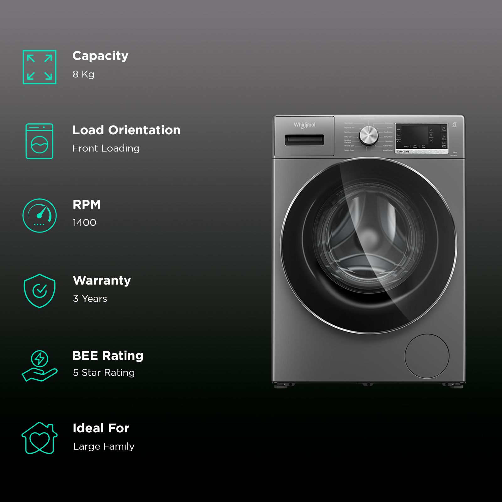 Whirlpool 8 kg 5 Star Inverter Fully Automatic Front Load Washing Machine (XPERT CARE OZONE, XO8014BYM53E, In-built Heater, Midnight Grey) Whirlpool 8 kg 5 Star Inverter Fully Automatic Front Load Washing Machine (XPERT CARE OZONE, XO8014BYM53E, In-built Heater, Midnight Grey)_2