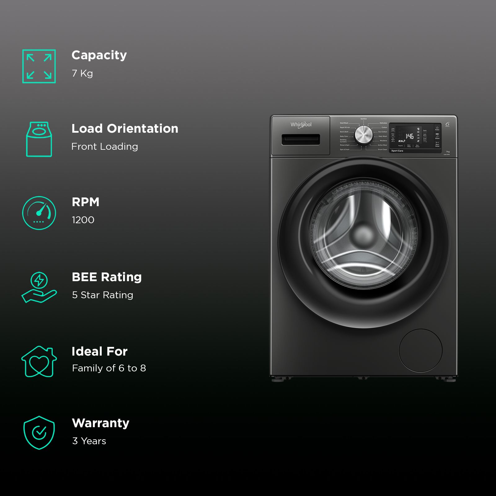 Whirlpool 7 kg 5 Star Inverter Fully Automatic Front Load Washing Machine (XPERT CARE STEAM, XS7012BYM53E, In-built Heater, Midnight Grey)_2