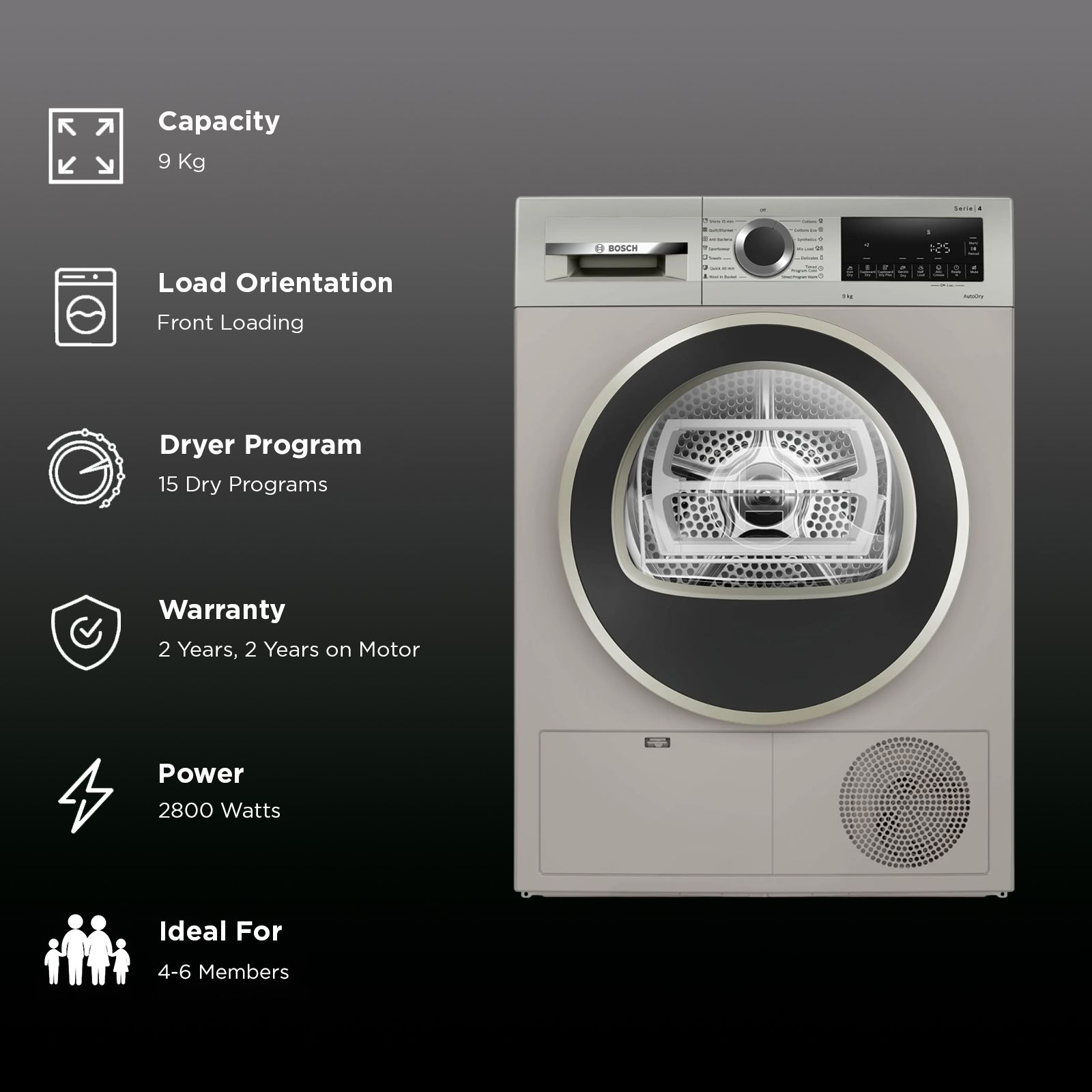 BOSCH 9 kg Fully Automatic Front Load Dryer (Series 4, WPG24108IN, In-Built Heater, Silver Inox)_2