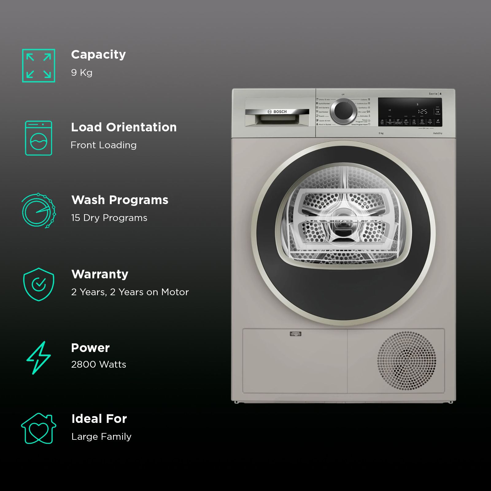 BOSCH 9 kg Fully Automatic Front Load Dryer (Series 4, WPG24108IN, In-Built Heater, Silver Inox) BOSCH 9 kg Fully Automatic Front Load Dryer (Series 4, WPG24108IN, In-Built Heater, Silver Inox)_2