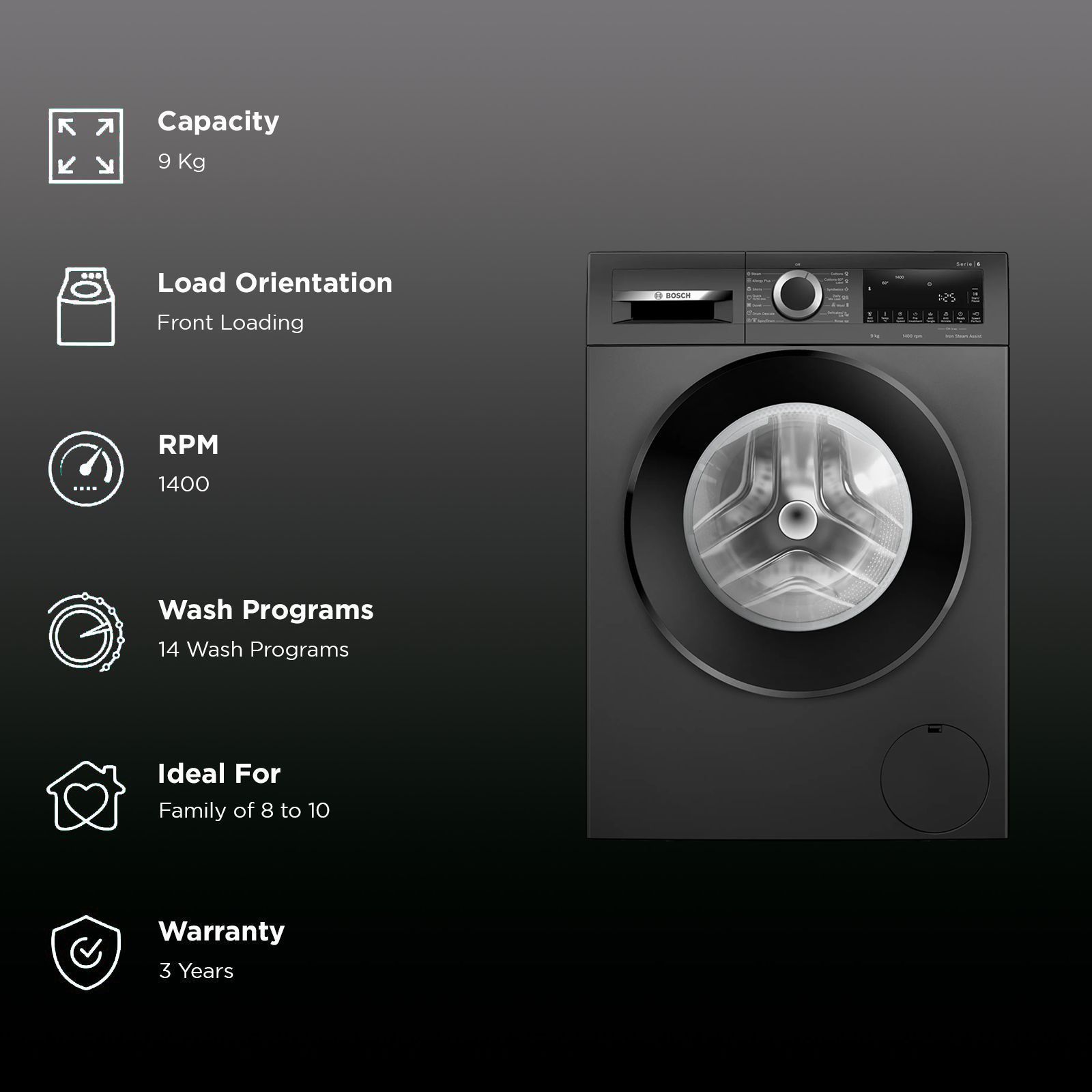BOSCH 9 kg Fully Automatic Front Load Washing Machine (Series 6, WGA244ZTIN, Anti Wrinkle Feature, Black Grey)_2