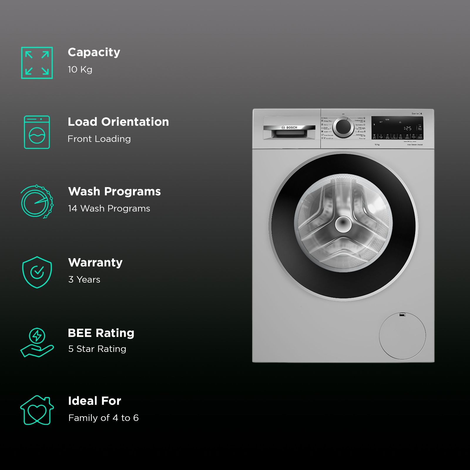 Bosch 10 kg 5 Star Fully Automatic Front Load Washing Machine (Series 6, WGA252ZSIN, Steam Care, Silver) Bosch 10 kg 5 Star Fully Automatic Front Load Washing Machine (Series 6, WGA252ZSIN, Steam Care, Silver)_2