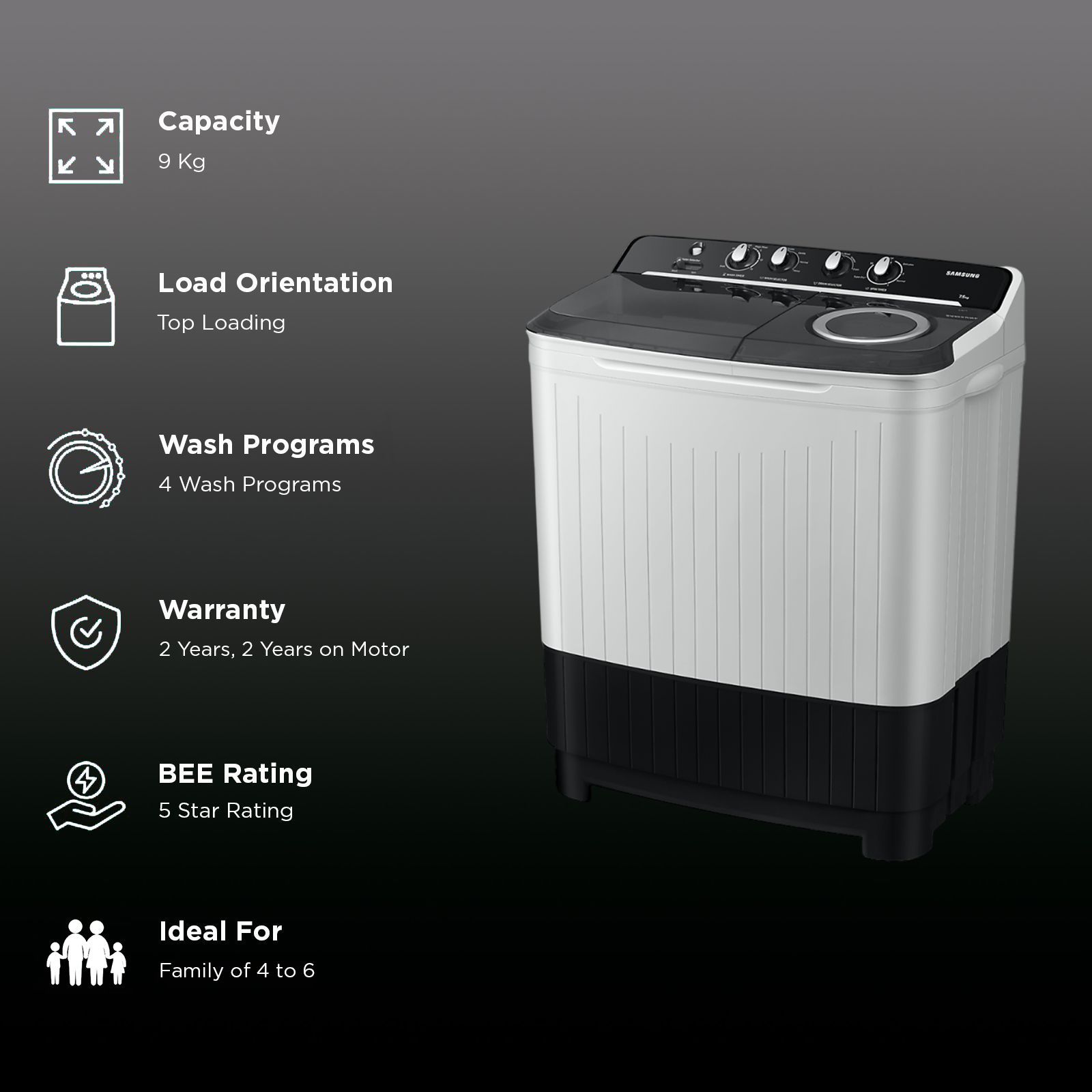 SAMSUNG 9 kg 5 Star Semi Automatic Washing Machine with Hexa Storm Pulsator (WT90C4260GG/TL, Light Grey)_2