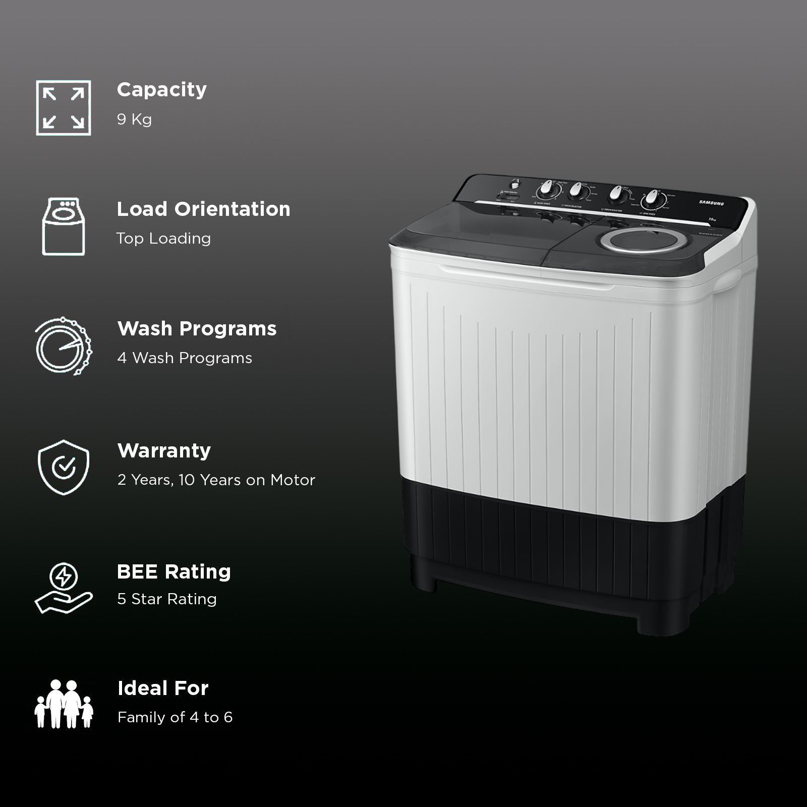 SAMSUNG 9 kg 5 Star Semi Automatic Washing Machine with Hexa Storm Pulsator (WT90C4260GG/TL, Light Grey)_2