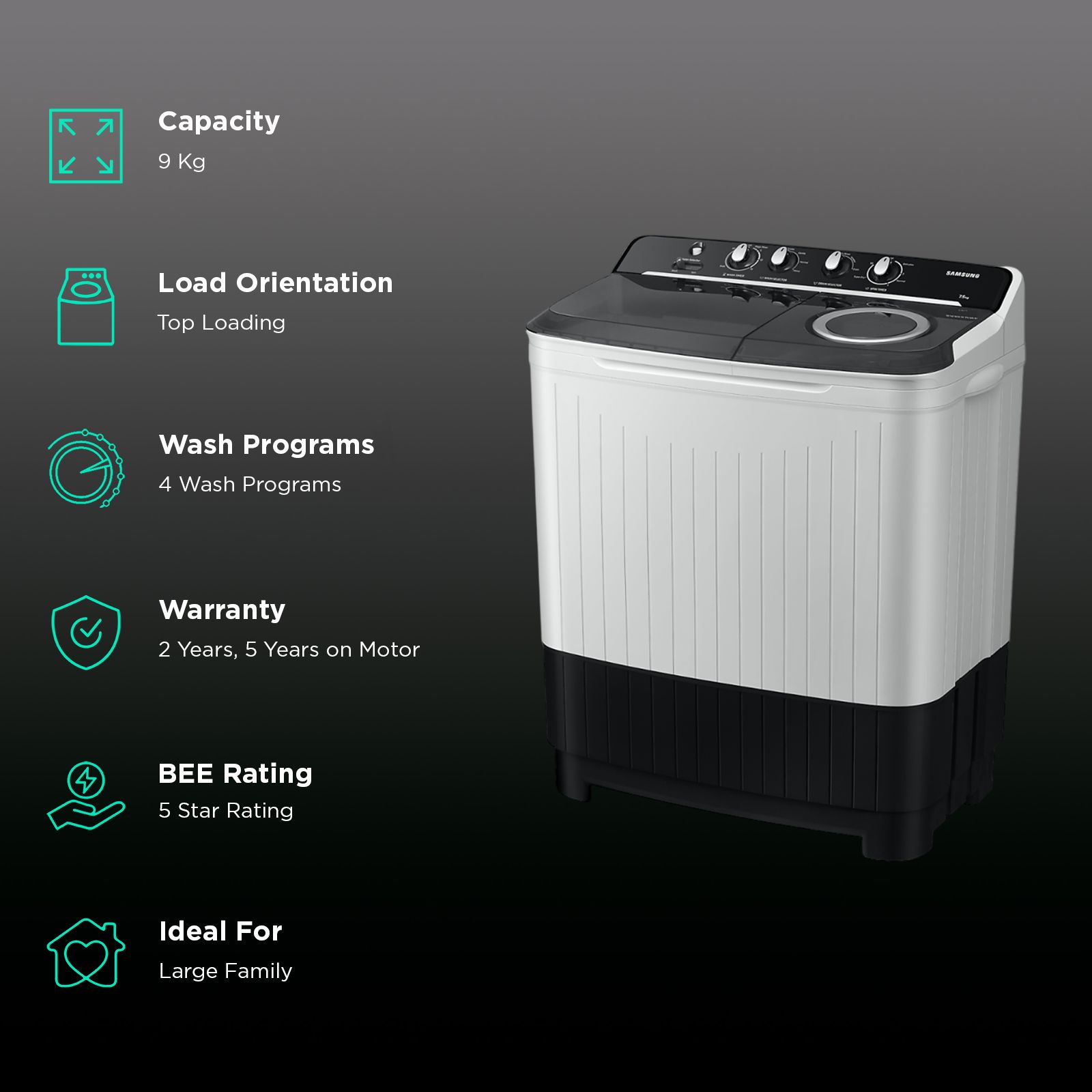 SAMSUNG 9 kg 5 Star Semi Automatic Washing Machine with Hexa Storm Pulsator (WT90C4260GG/TL, Light Grey)_2