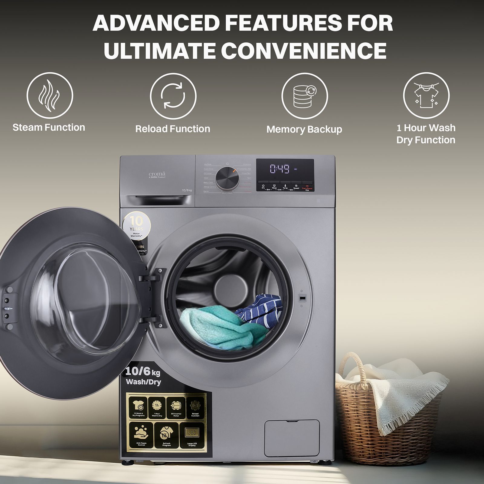 Croma 10/6 kg Inverter Fully Automatic Front Load Washer Dryer (CRLWWD0106W3162, In-built Heater, Grey) Croma 10/6 kg Inverter Fully Automatic Front Load Washer Dryer (CRLWWD0106W3162, In-built Heater, Grey)_16