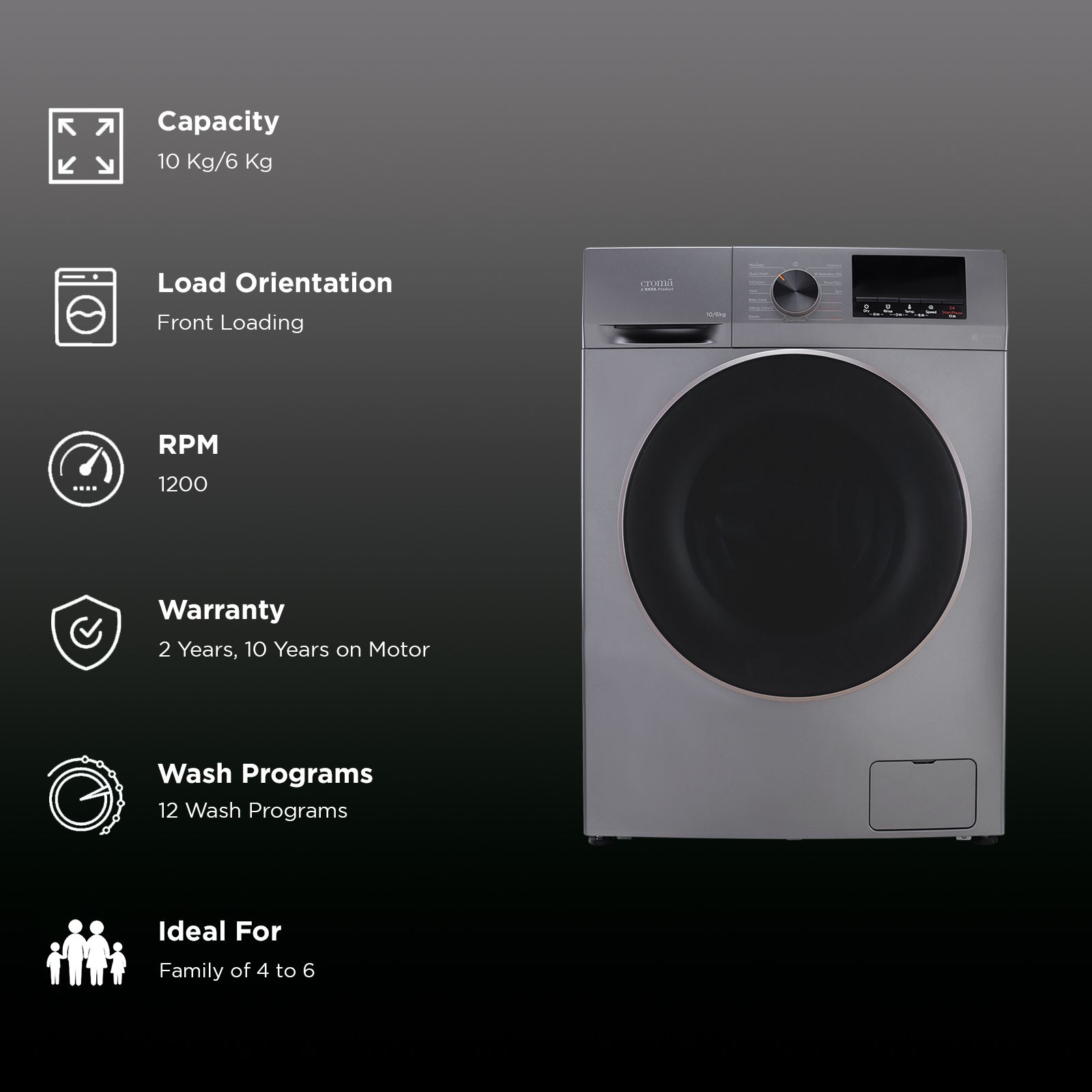 Croma 10/6 kg Inverter Fully Automatic Front Load Washer Dryer (CRLWWD0106W3162, In-built Heater, Grey)_2