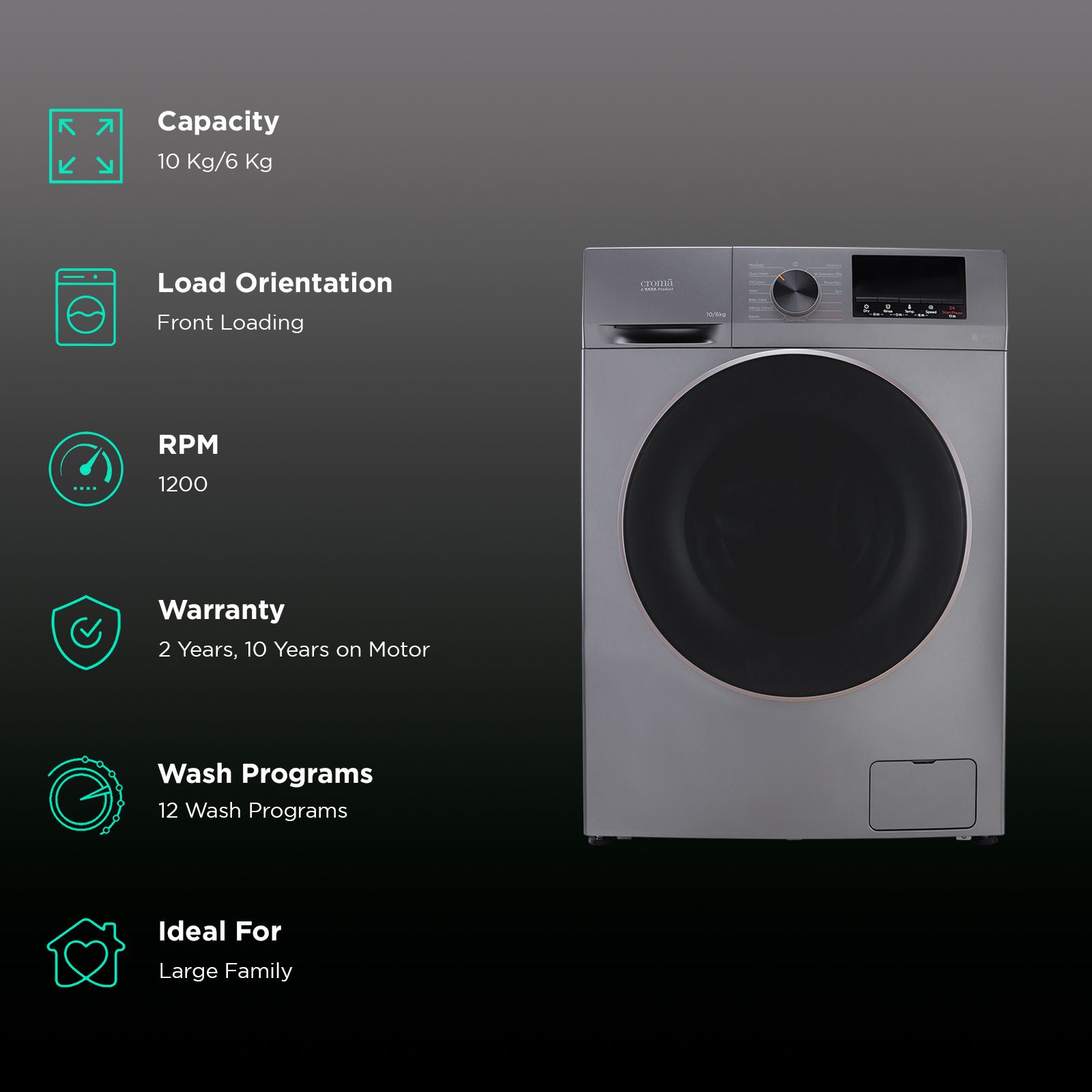 Croma 10/6 kg Inverter Fully Automatic Front Load Washer Dryer (CRLWWD0106W3162, In-built Heater, Grey) Croma 10/6 kg Inverter Fully Automatic Front Load Washer Dryer (CRLWWD0106W3162, In-built Heater, Grey)_2