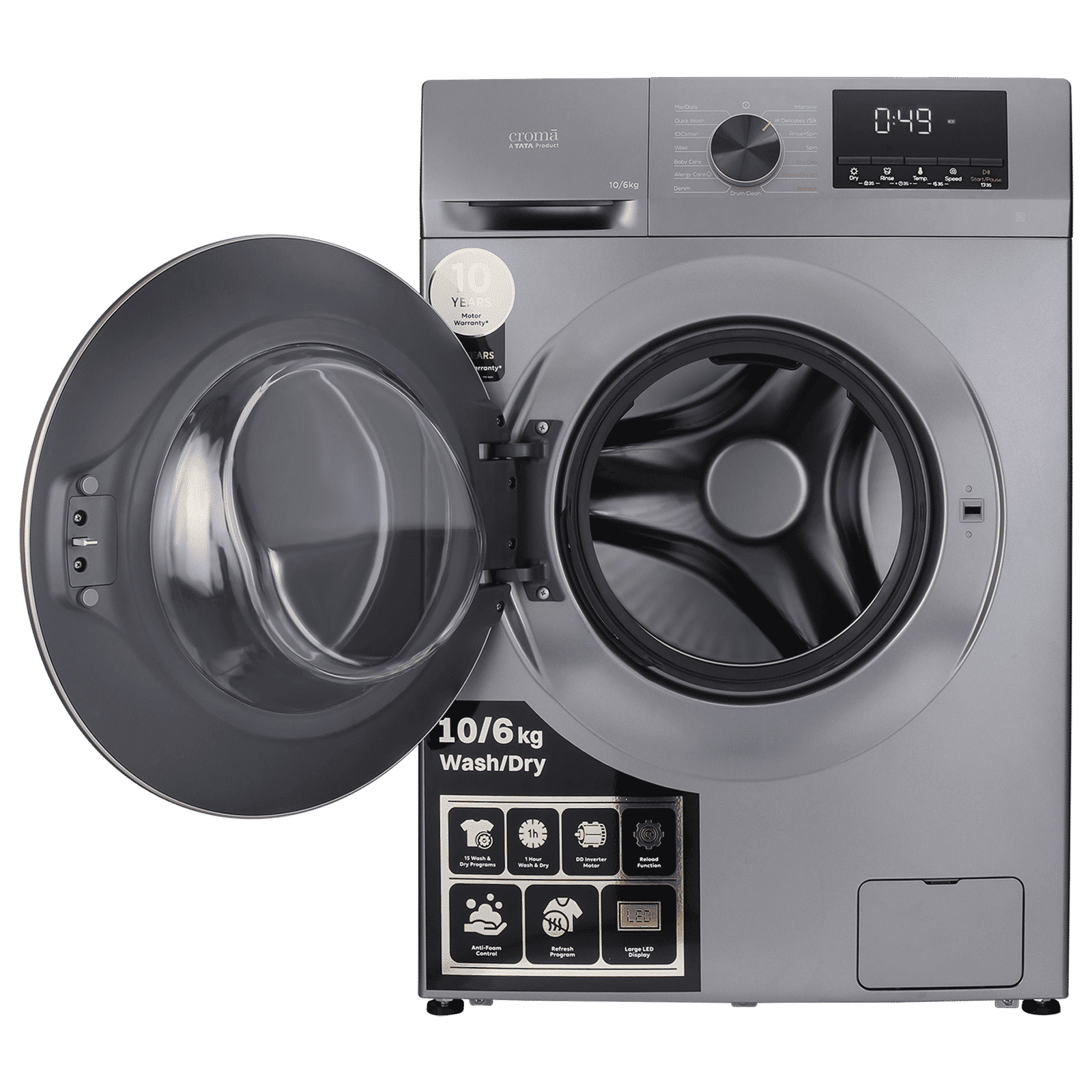 Croma 10/6 kg Inverter Fully Automatic Front Load Washer Dryer (CRLWWD0106W3162, In-built Heater, Grey) Croma 10/6 kg Inverter Fully Automatic Front Load Washer Dryer (CRLWWD0106W3162, In-built Heater, Grey)_7