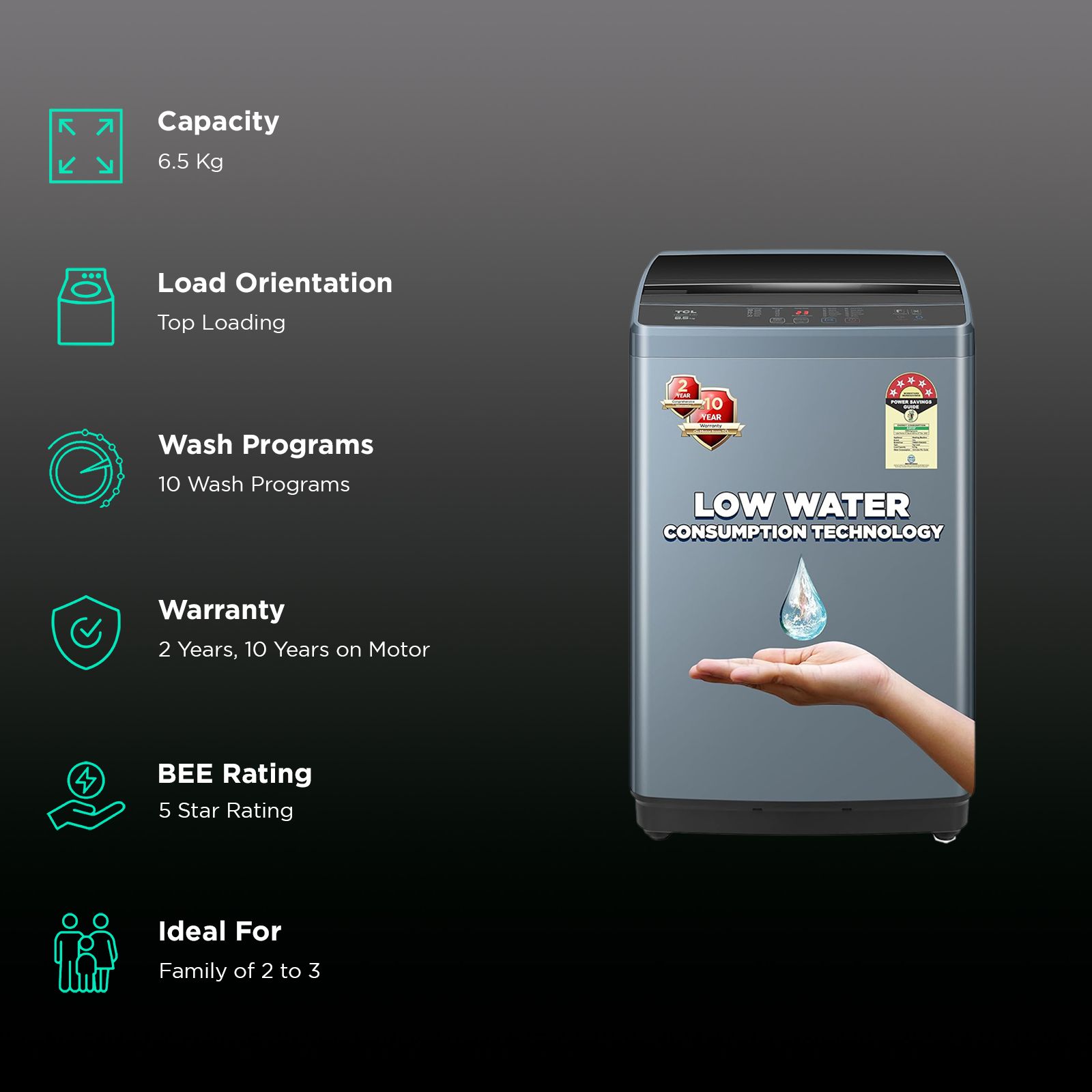 TCL 6.5 kg 5 Star Fully Automatic Top Load Washing Machine (TWA65-F3G, Honeycomb Drum, Dark Grey) TCL 6.5 kg 5 Star Fully Automatic Top Load Washing Machine (TWA65-F3G, Honeycomb Drum, Dark Grey)_2