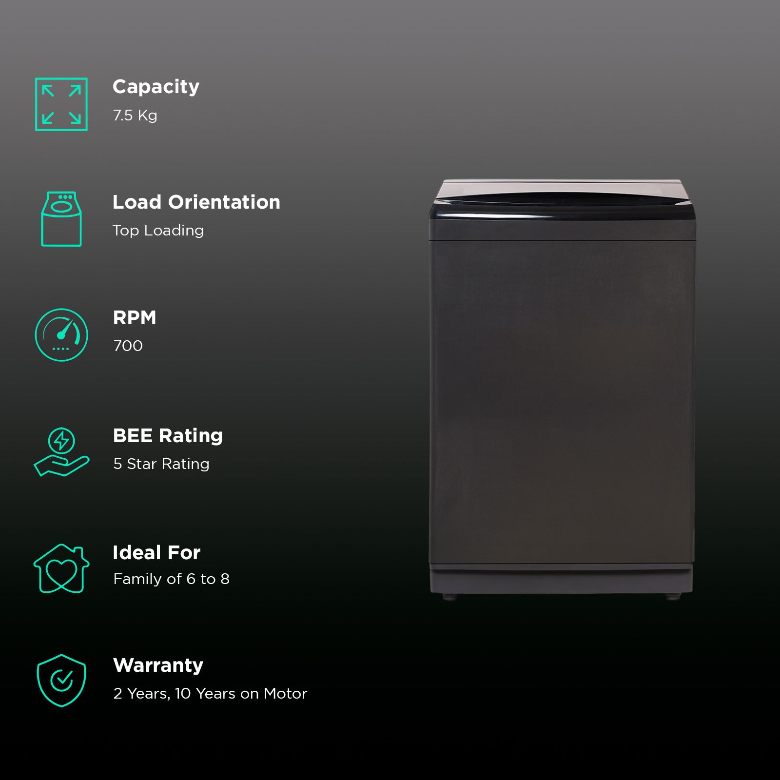 SHARP 7.5 kg 5 Star Fully Automatic Top Load Washing Machine (ES-T75N-BK, Stainless Steel Insert Pulsator, Midnight Black)_2