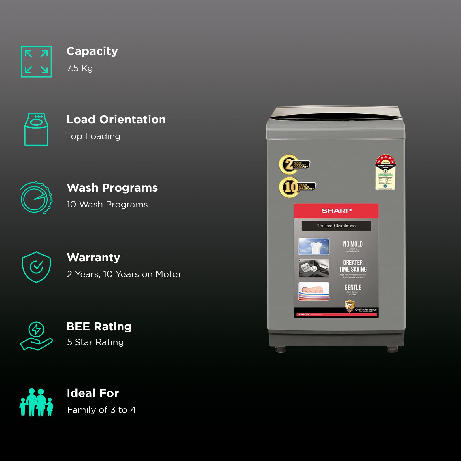 SHARP 7.5 kg 5 Star Fully Automatic Top Load Washing Machine (EST75NGY, Dual Inlet, Inox Grey)_2