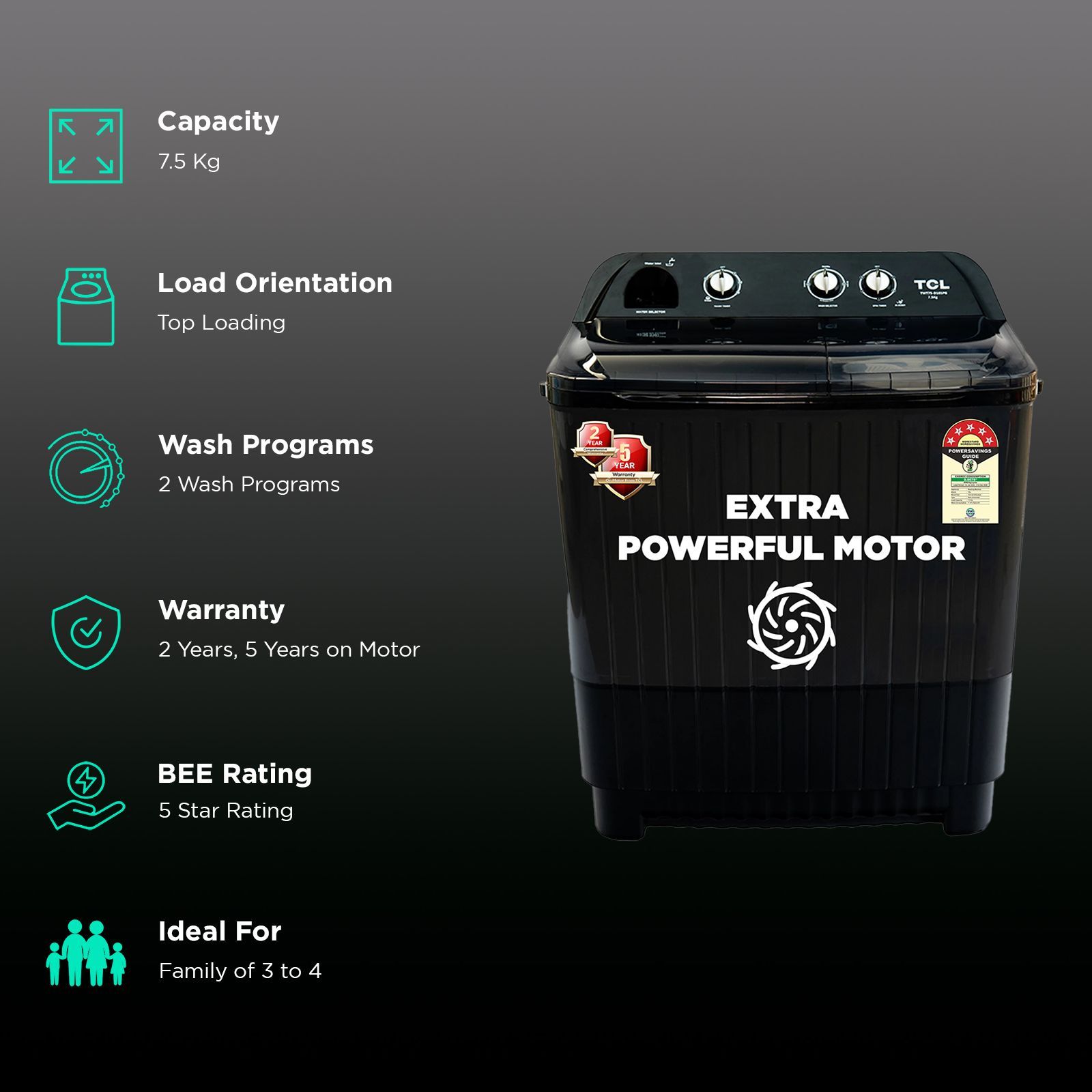 TCL 7.5 kg 5 Star Semi Automatic Washing Machine with six-wing pulsator (T101-D75PG, Grey) TCL 7.5 kg 5 Star Semi Automatic Washing Machine with six-wing pulsator (T101-D75PG, Grey)_2