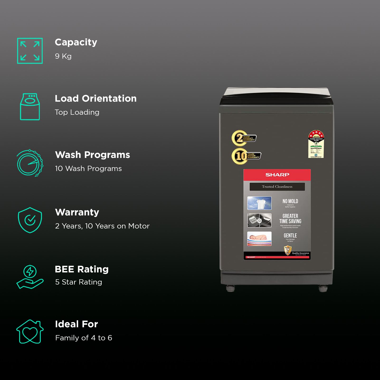 SHARP 9 kg 5 Star Fully Automatic Top Load Washing Machine (EST90NBK, Dual Inlet, Midnight Black)_2