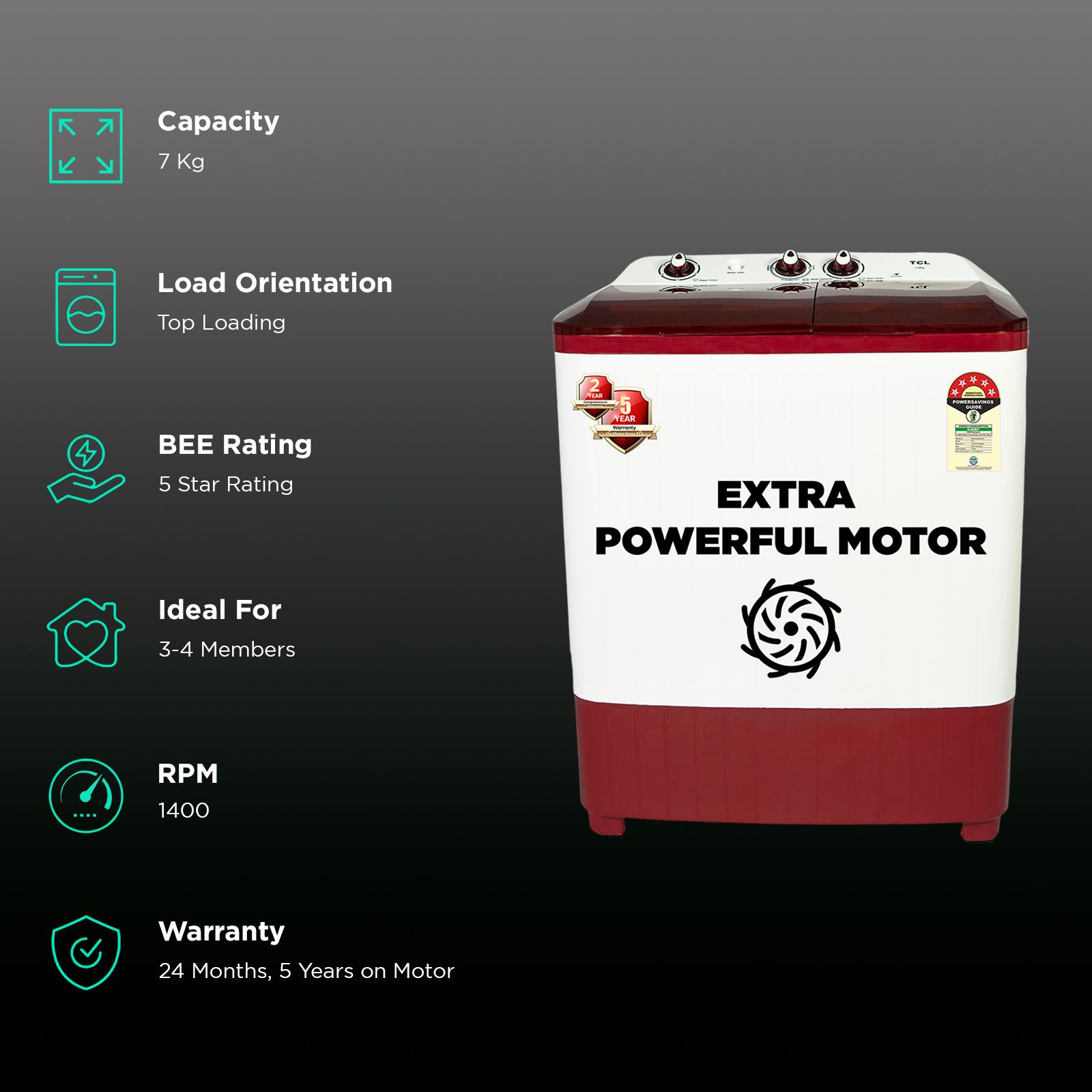 TCL 7 kg 5 Star Semi Automatic Washing Machine with Motor Lint Filter (T103-D70TW, Burgundy)_2