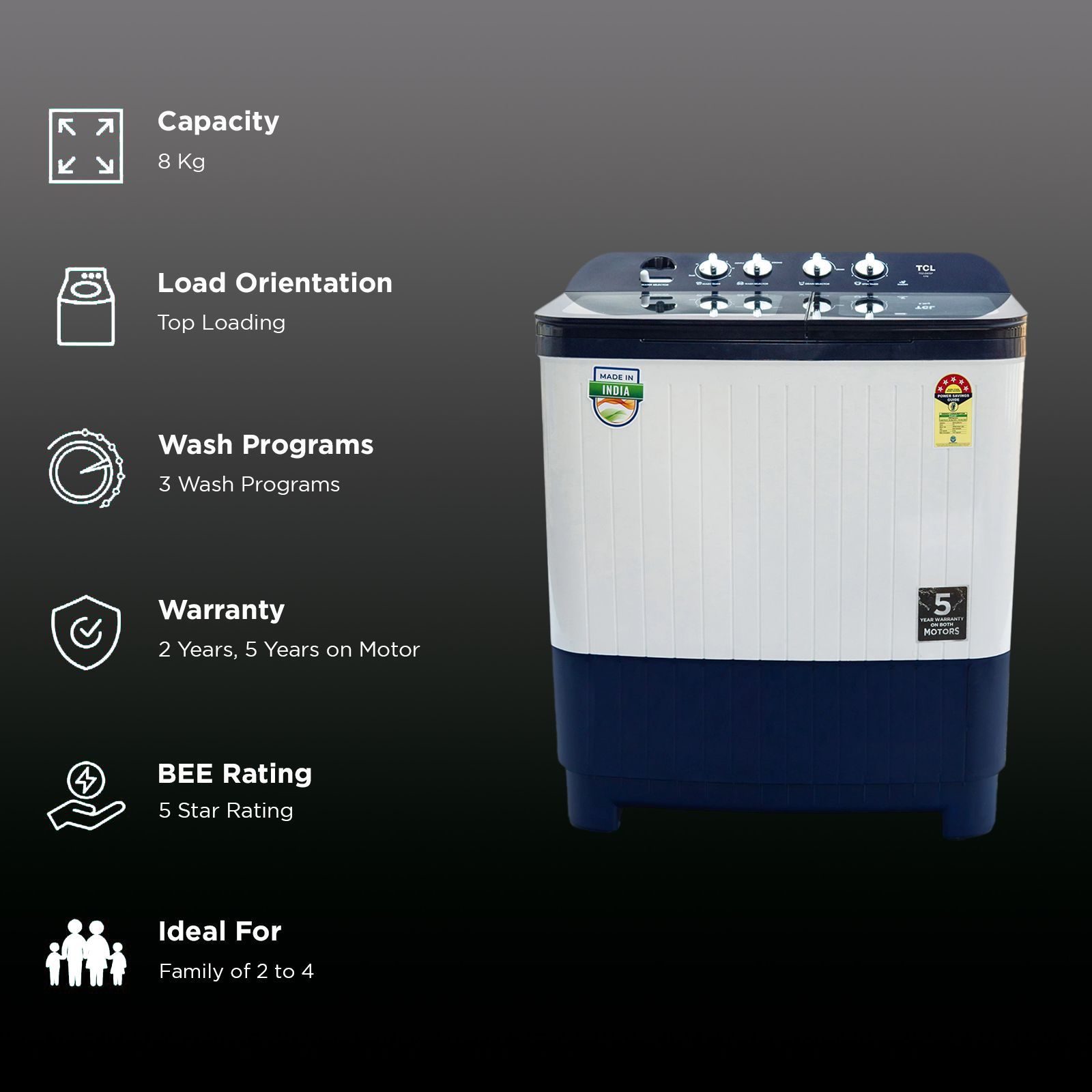 TCL 8 kg 5 Star Semi Automatic Washing Machine with Lint Filter (T102-D80GP, Dark Blue)_2