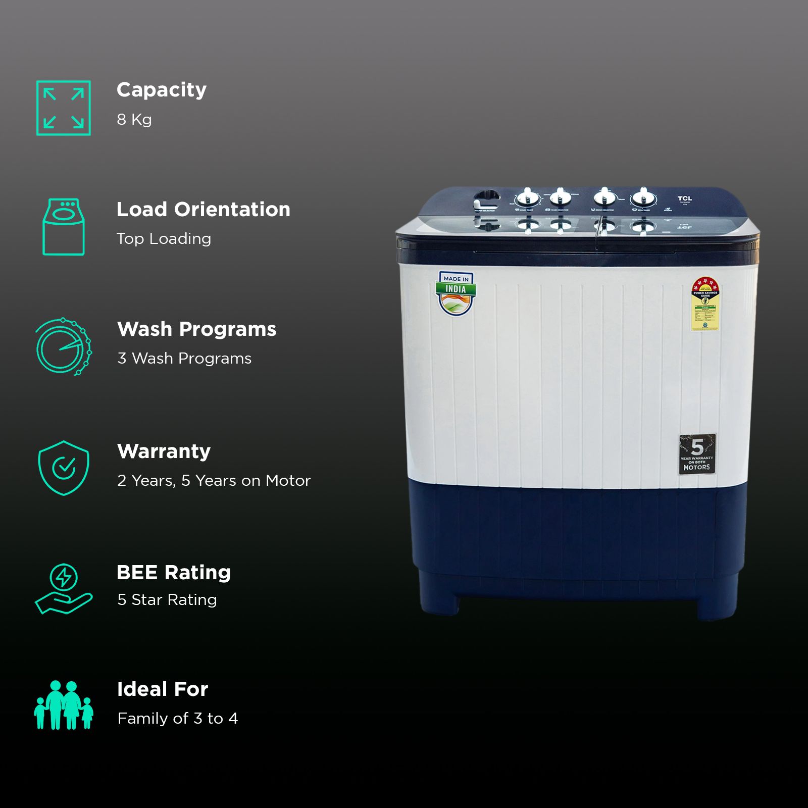 TCL 8 kg 5 Star Semi Automatic Washing Machine with Lint Filter (T102-D80GP, Dark Blue)_2