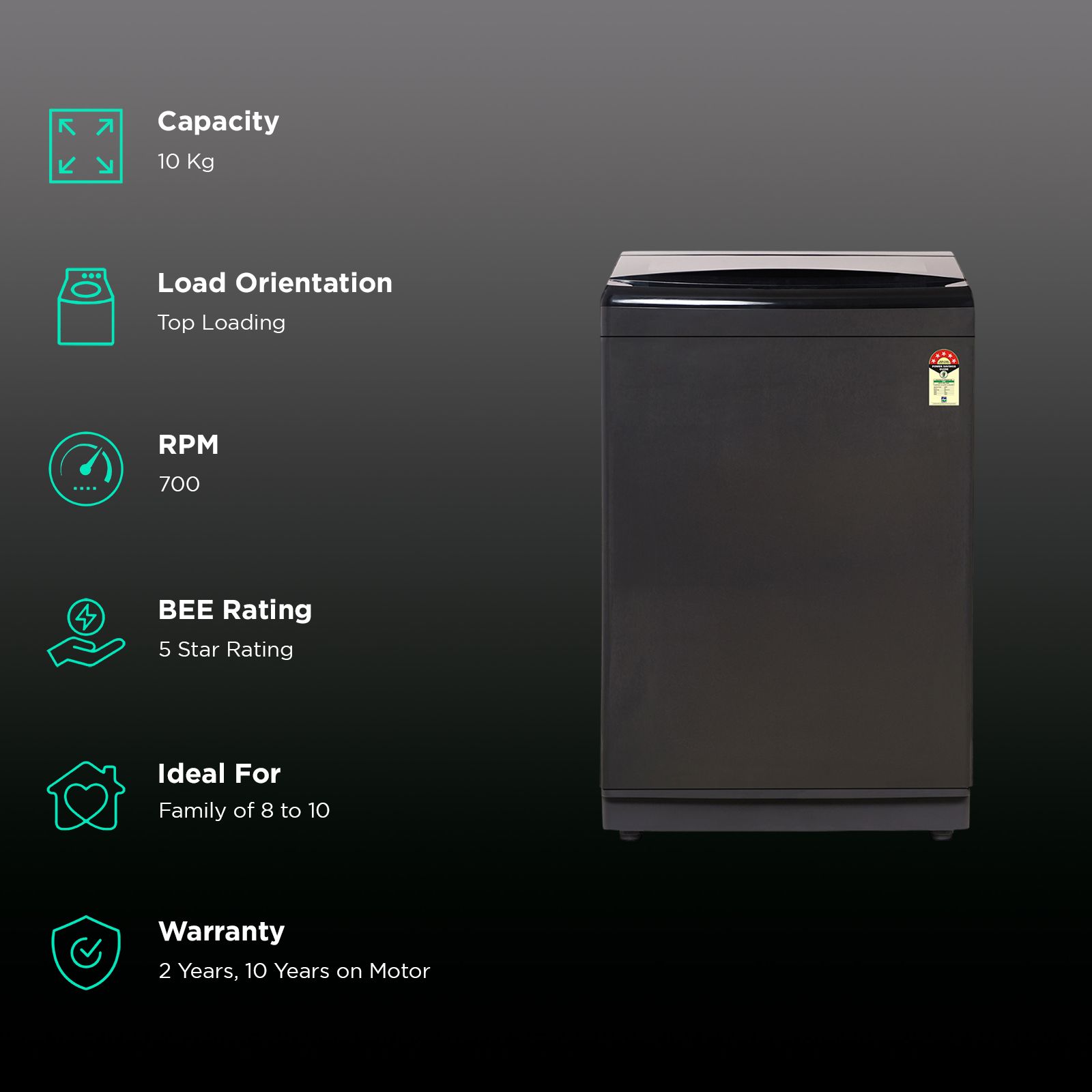 SHARP 10 kg 5 Star Fully Automatic Top Load Washing Machine (ES-T100N-BK, Stainless Steel Insert Pulsator, Midnight Black)_2