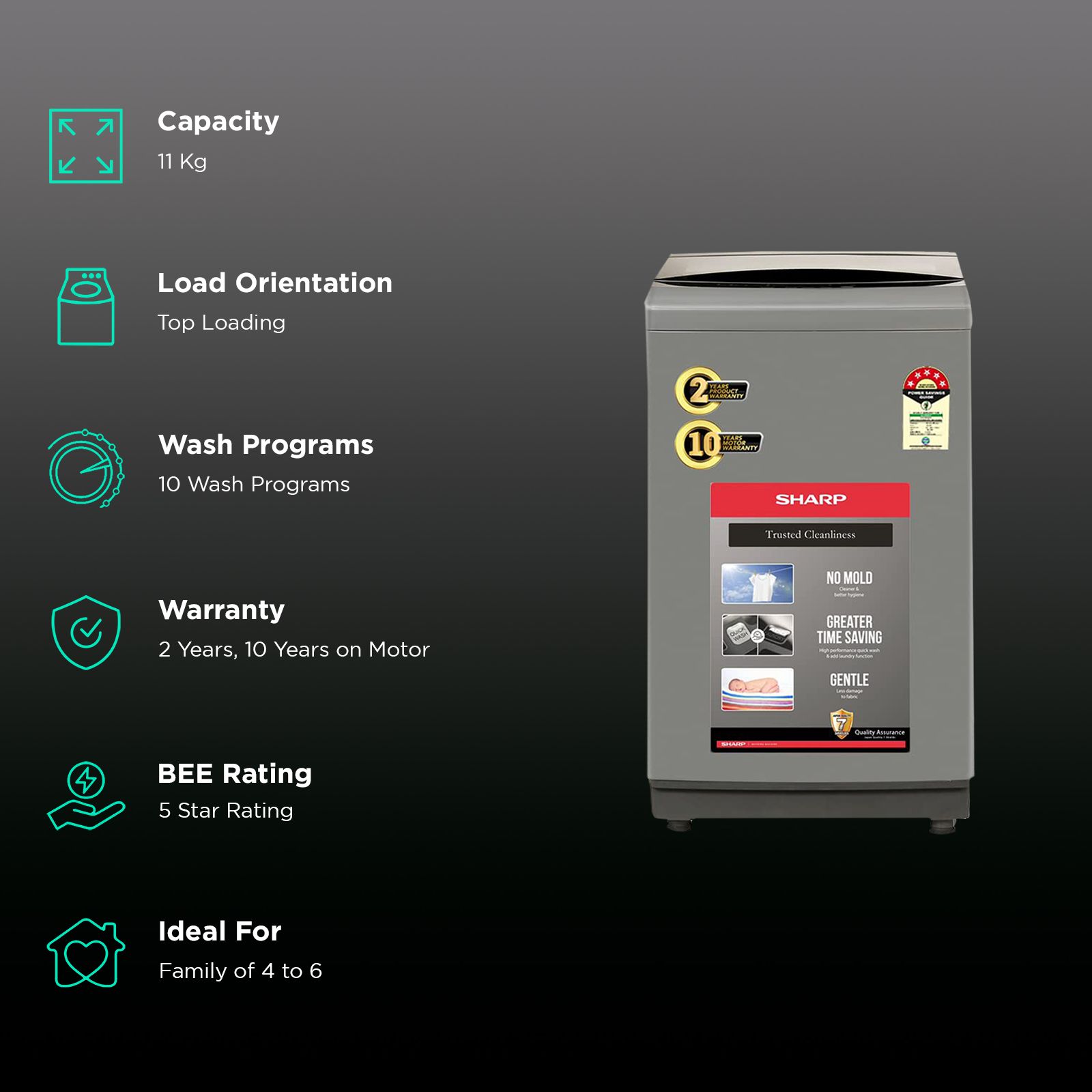 SHARP 11 kg 5 Star Fully Automatic Top Load Washing Machine (EST110NGY, Dual Inlet, Inox Grey)_2