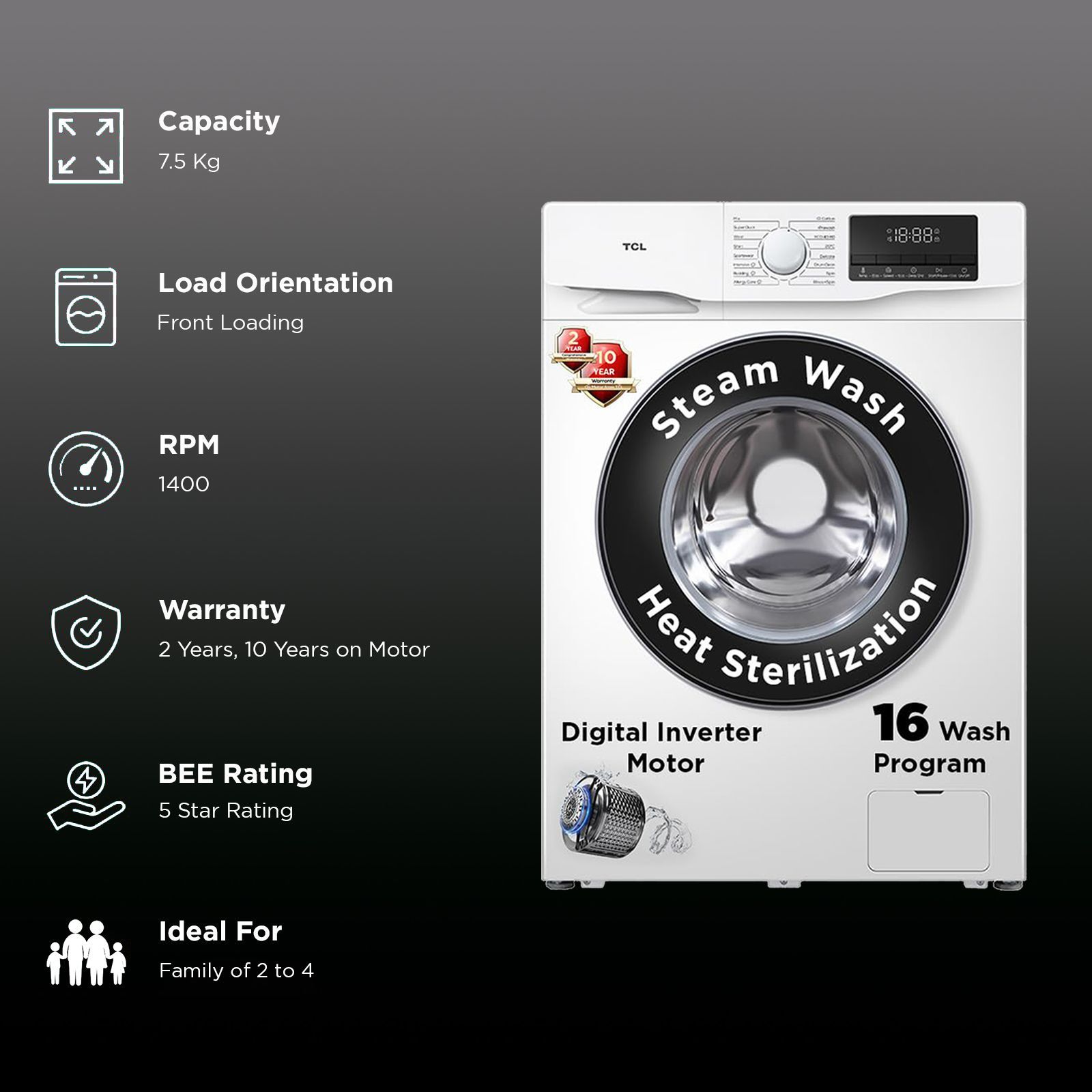 TCL 7.5 kg 5 Star Inverter Fully Automatic Front Load Washing Machine (TWF75-P6S, Honeycomb Drum, White)_2