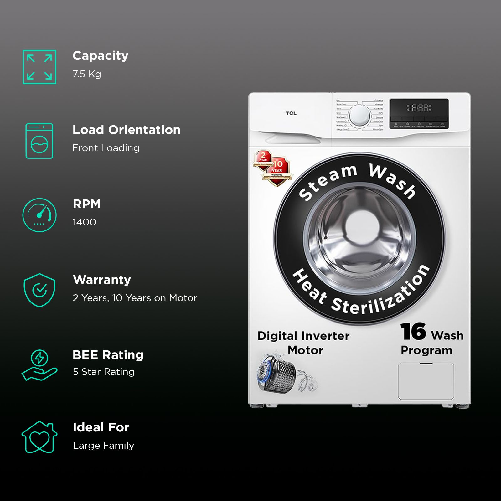 TCL 7.5 kg 5 Star Inverter Fully Automatic Front Load Washing Machine (TWF75-P6S, Honeycomb Drum, White)_2