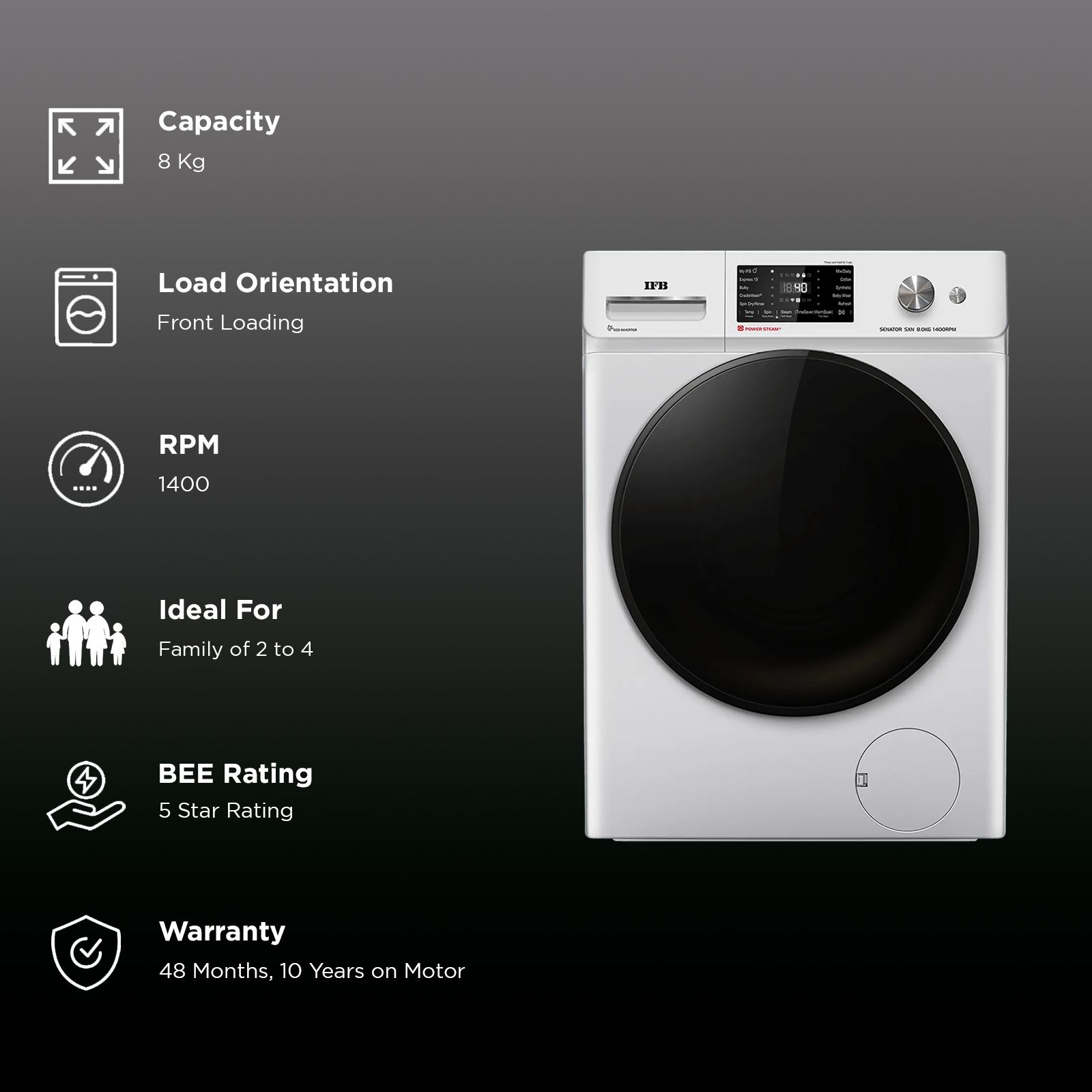 IFB 8 kg 5 Star Wi-Fi Inverter Fully Automatic Front Load Washing Machine (Senator SXN 8014, AI Technology, Rich Silver)_2