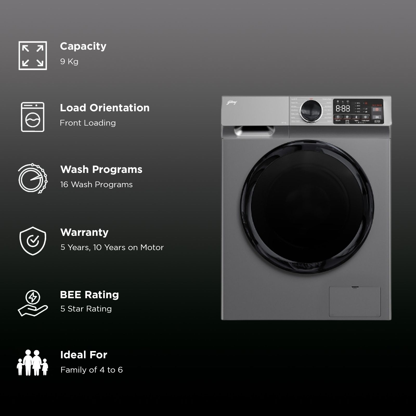 Godrej 9 kg 5 Star Inverter Fully Automatic Front Load Washing Machine (Eon Celesta, WFEON CEL 9014 IEBT SLSR, In-built Heater, Silver Stream)_2