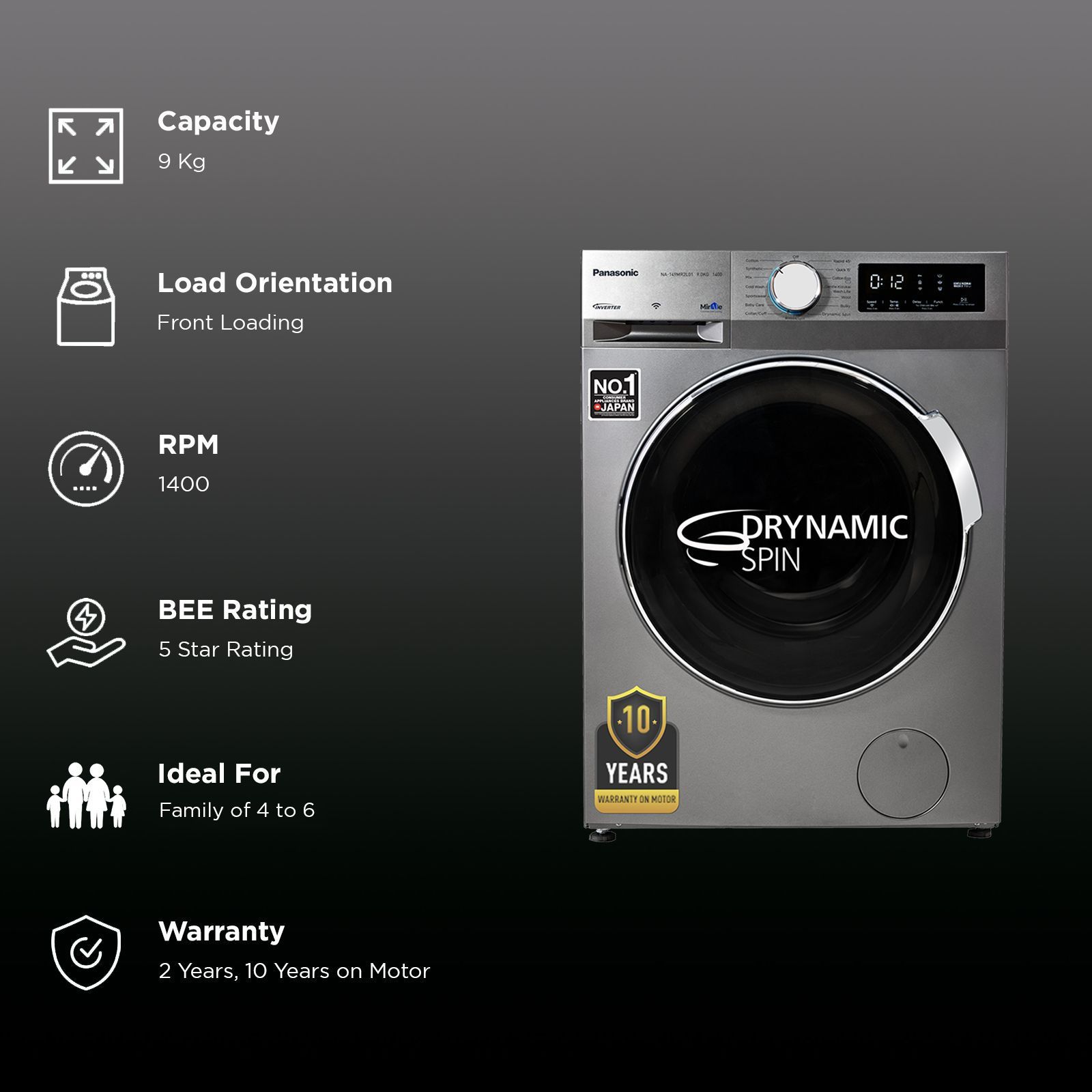 Panasonic 9 kg 5 Star Wi-Fi Fully Automatic Front Load Washing Machine (NA-149MR2L01, In-built Heater, Dark Silver)_2