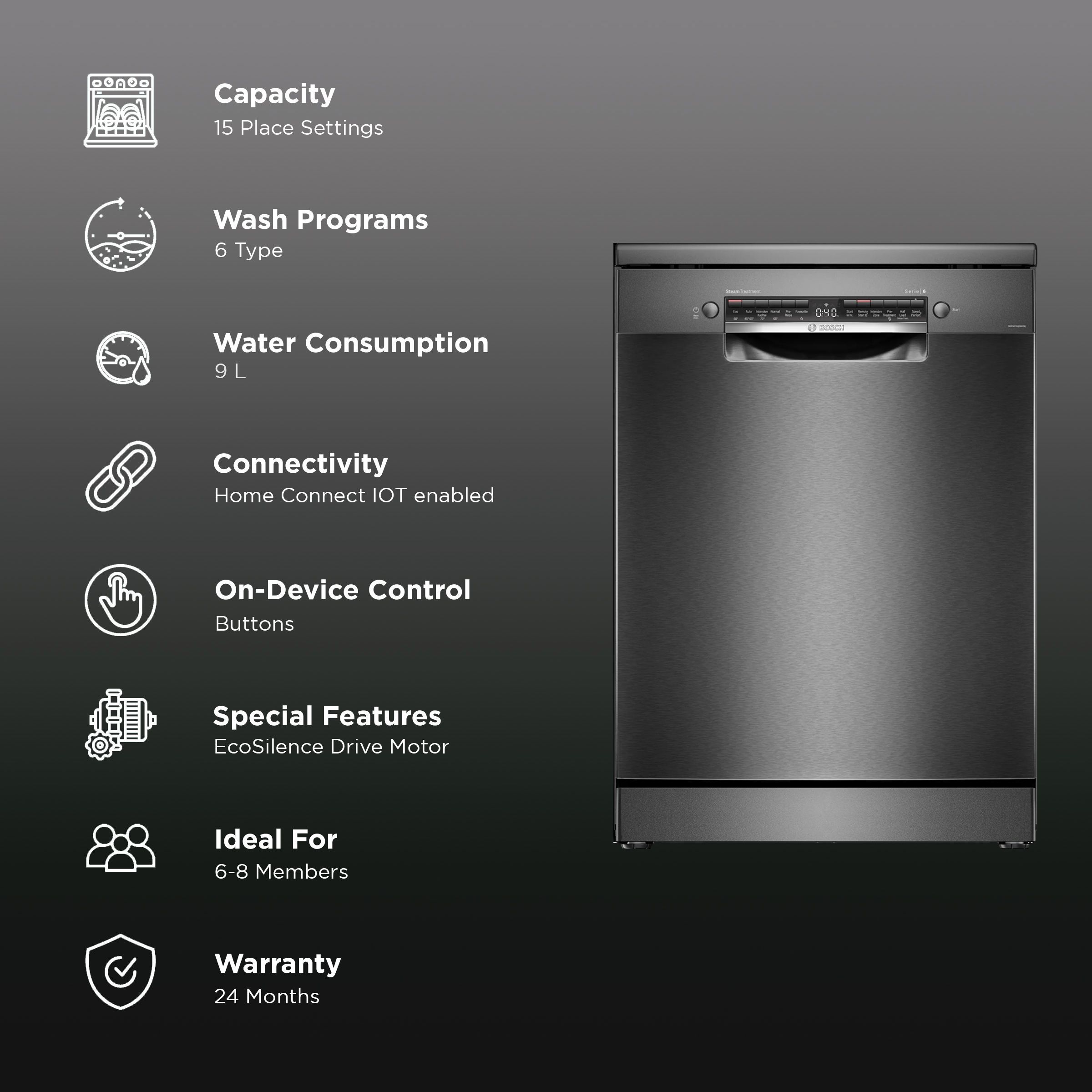 BOSCH Series 6 15 Place Settings Free Standing Dishwasher with Anti-Fingerprint (No Pre-rinse Required, Black Inox)_2