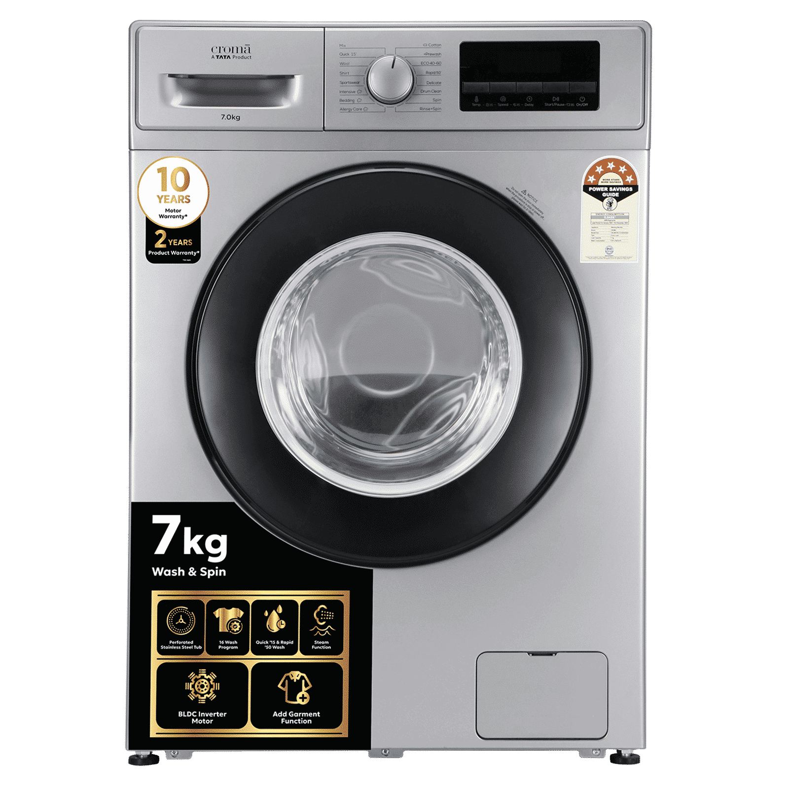 Croma 7 kg 5 Star Inverter Fully Automatic Front Load Washing Machine (2025 Model, Built in heater, Silver Grey)_1