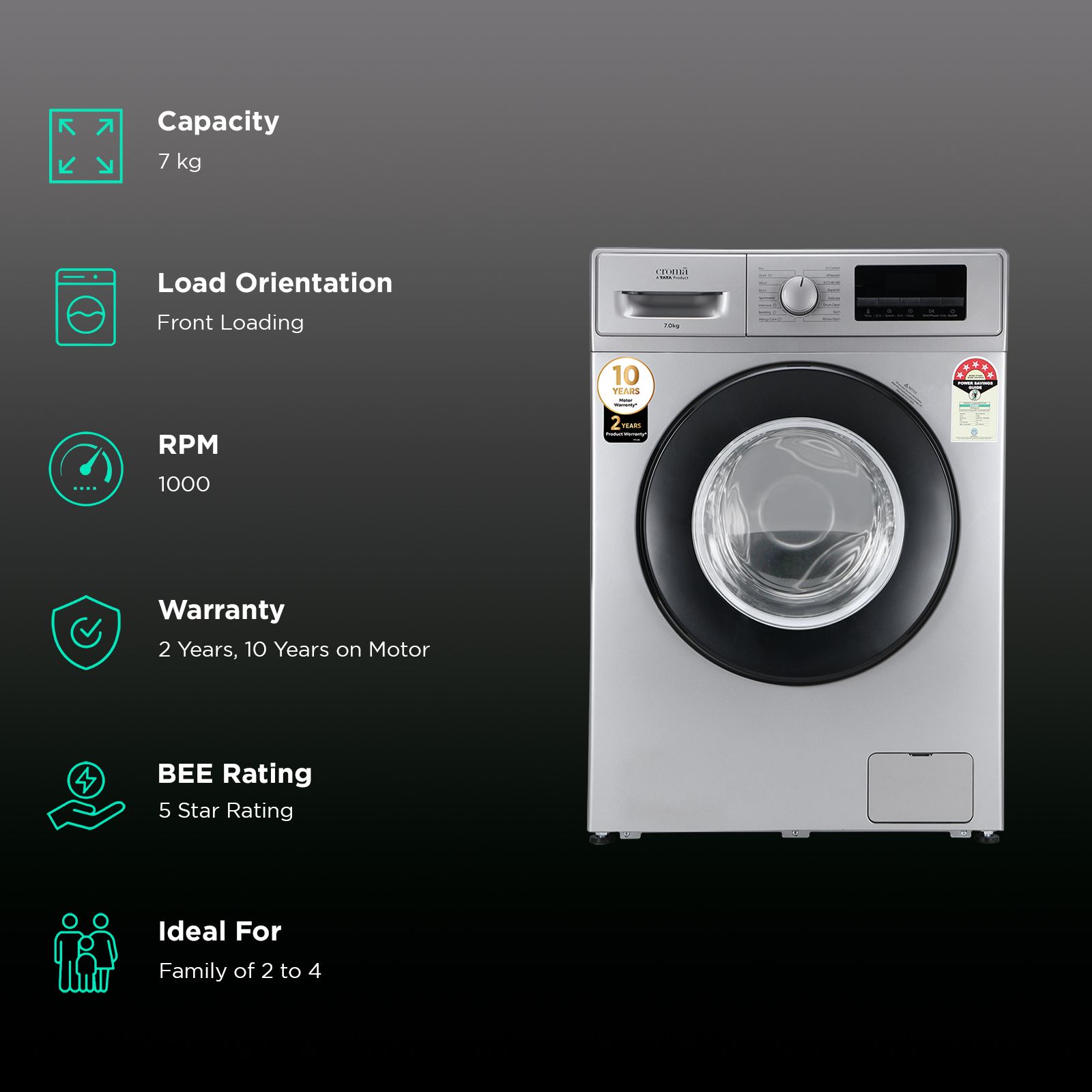 Croma 7 kg 5 Star Inverter Fully Automatic Front Load Washing Machine (2025 Model, Built in heater, Silver Grey)_2