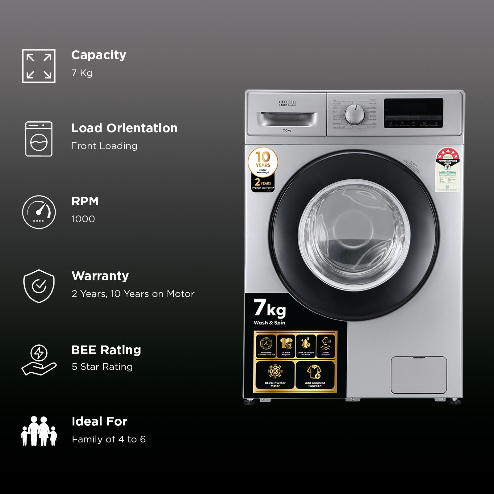 Croma 7 kg 5 Star Inverter Fully Automatic Front Load Washing Machine (2025 Model, Built in heater, Silver Grey)_3