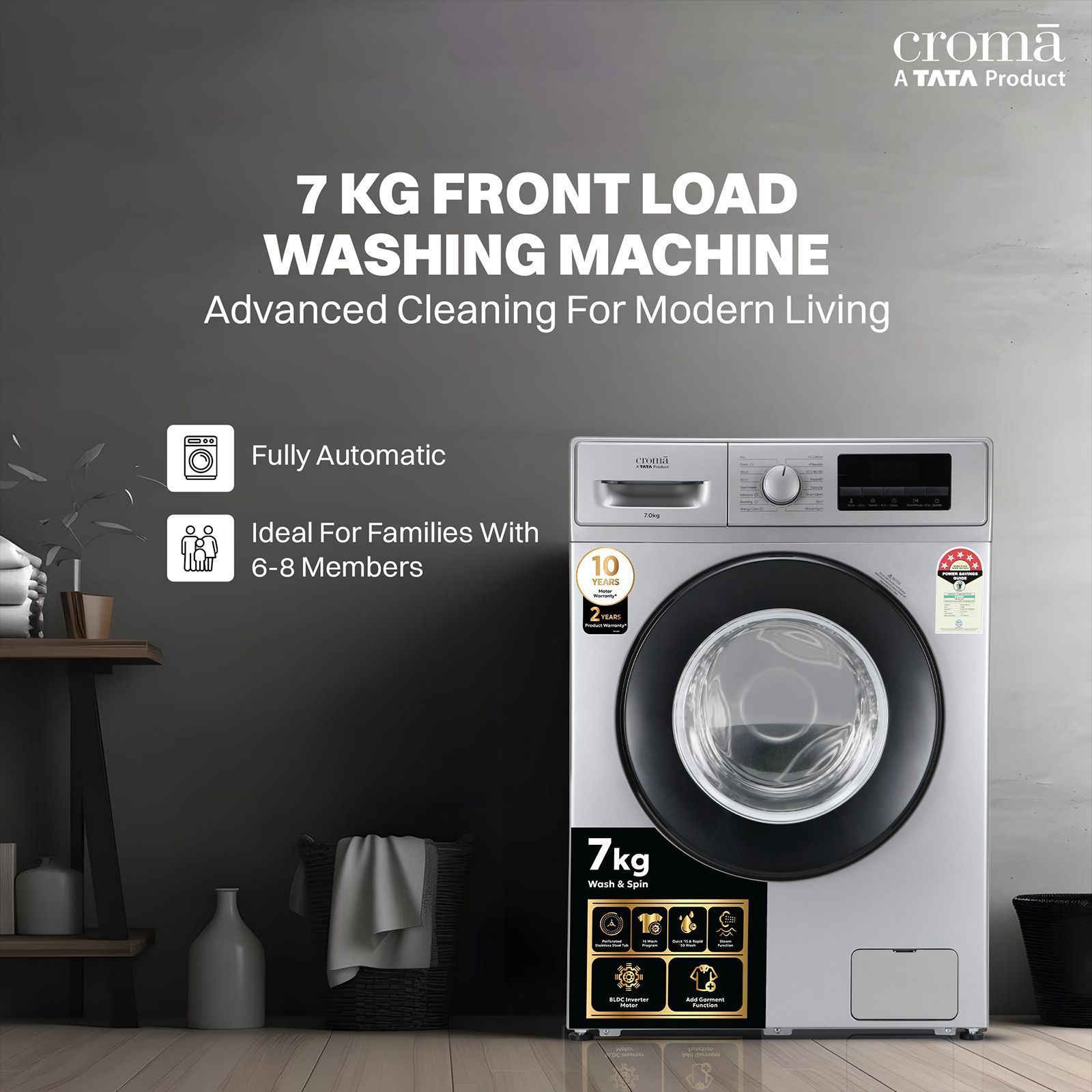 Croma 7 kg 5 Star Inverter Fully Automatic Front Load Washing Machine (2025 Model, Built in heater, Silver Grey)_4