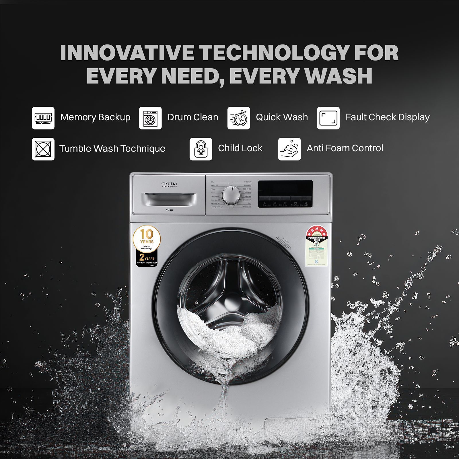 Croma 7 kg 5 Star Inverter Fully Automatic Front Load Washing Machine (2025 Model, Built in heater, Silver Grey)_6