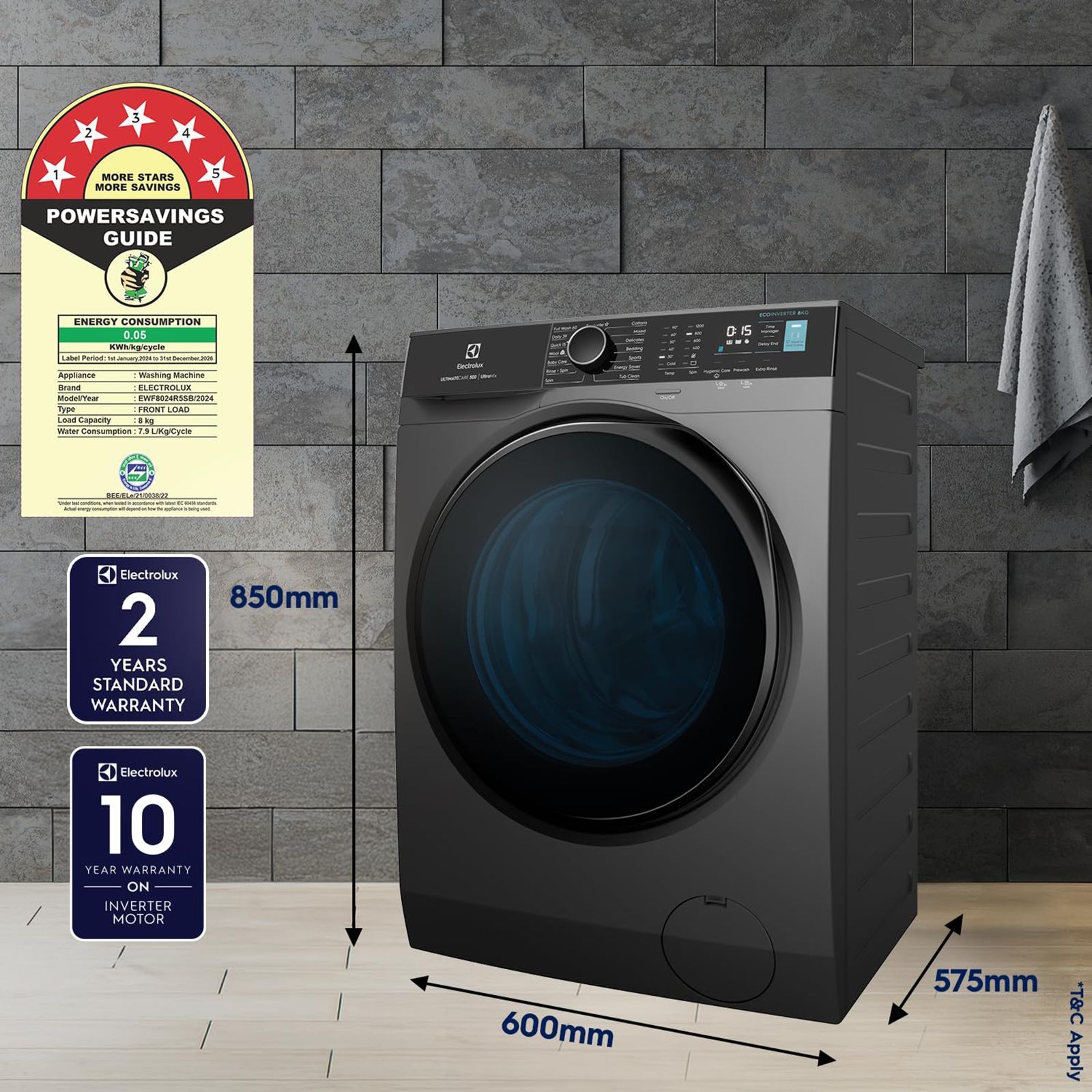 Electrolux 8 kg 5 Star Inverter Fully Automatic Front Load Washing Machine (Ultimate Care 500, EWF8024R5SB, Woolmark Approved, Onyx Dark Silver)_9