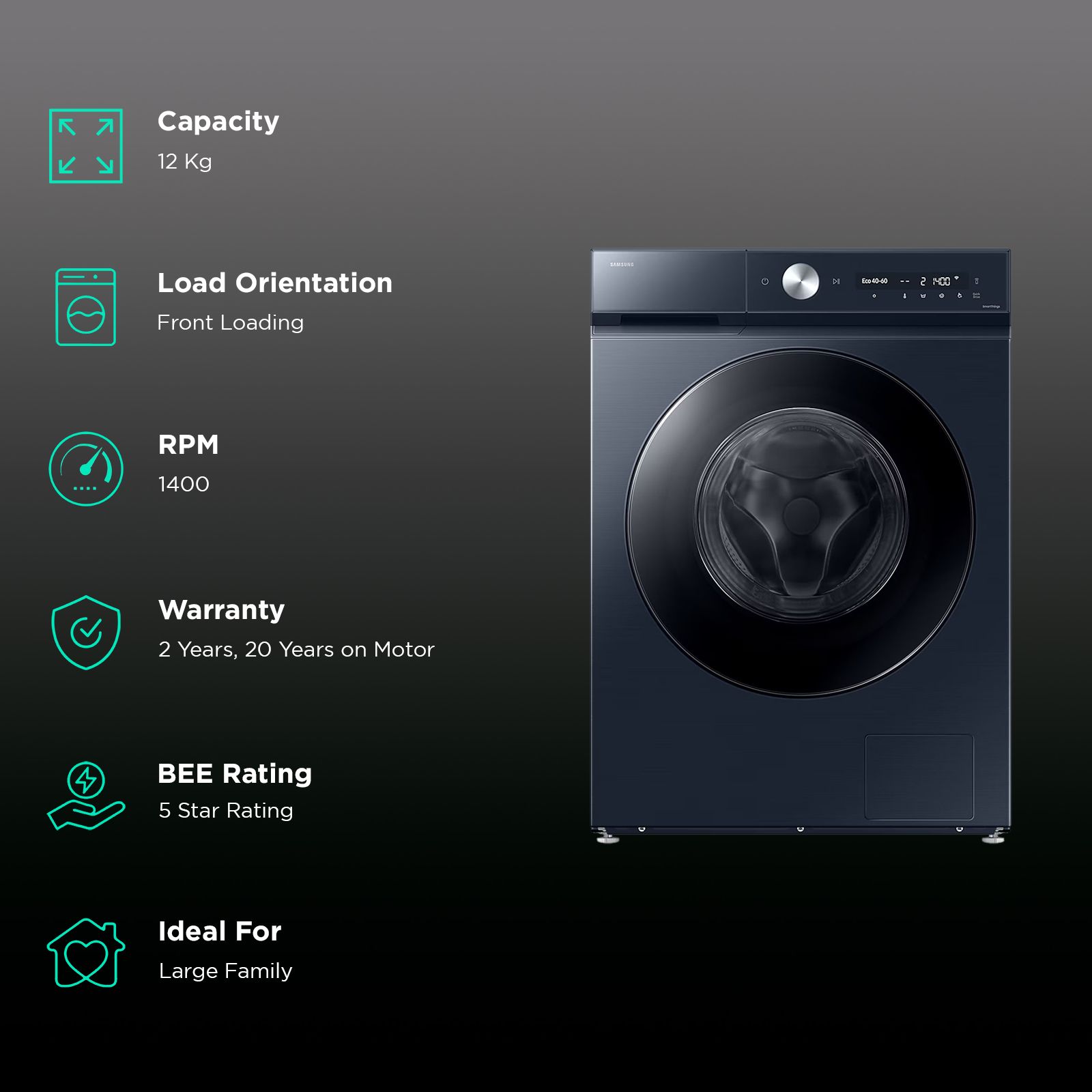 SAMSUNG 12 kg 5 Star Wi-Fi Inverter Fully Automatic Front Load Washing Machine (WW12DB8B54GSTL, AI Control, Navy)_2