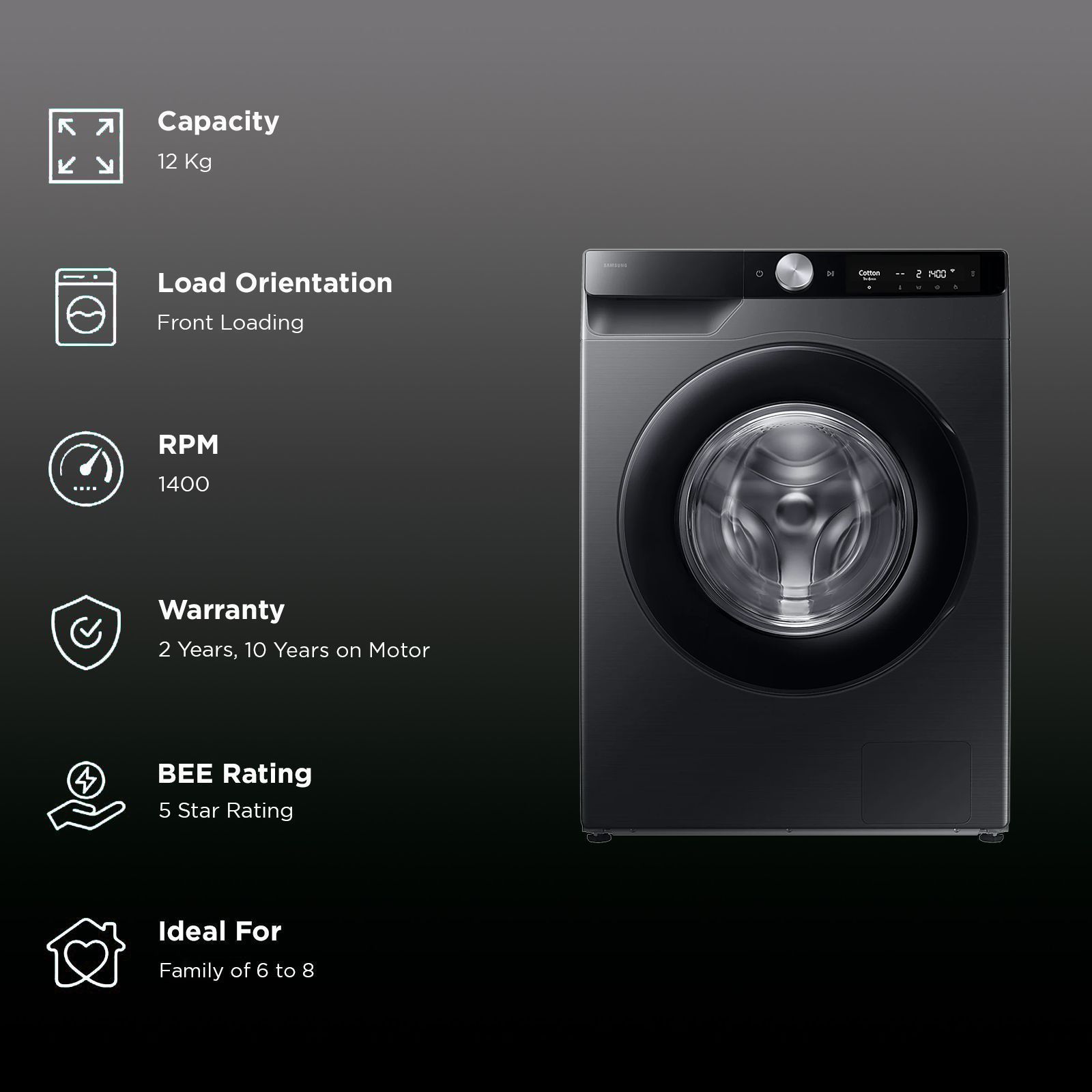 SAMSUNG 12 kg 5 Star Wi-Fi Inverter Fully Automatic Front Load Washing Machine (WW12DG6B24ABTL, AI Control, Black)_2